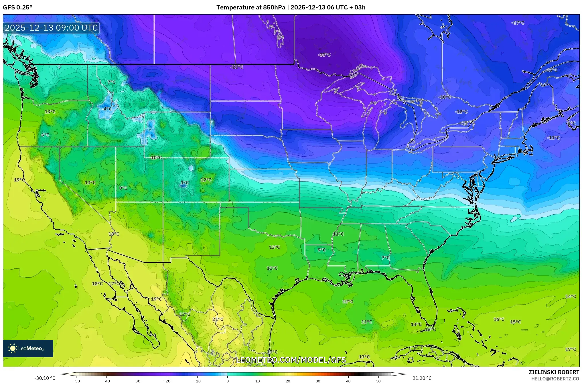 GFS model - United States, Temperature at 850hPa