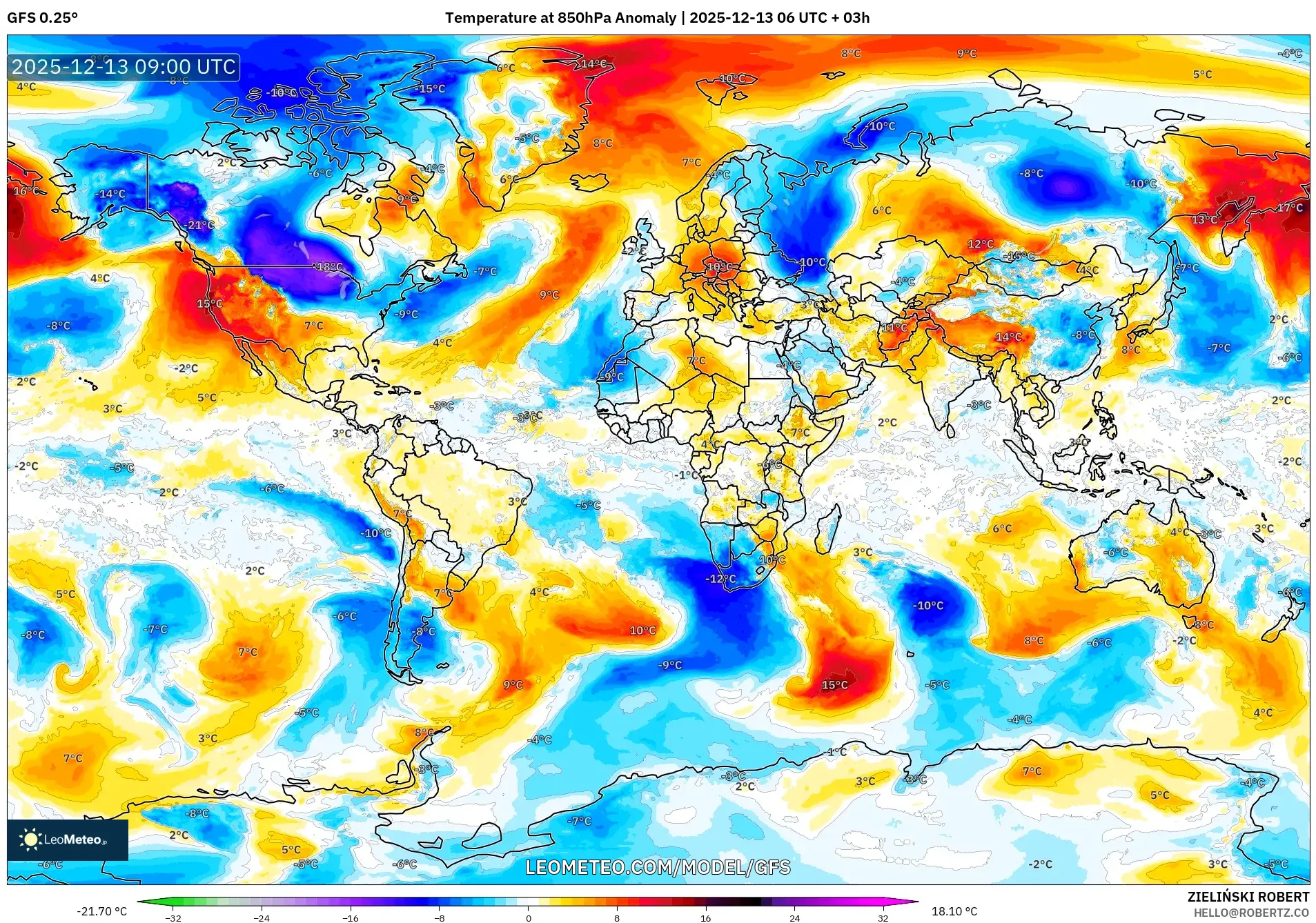 GFS model - Dunia, Anomali Suhu 850 hPa