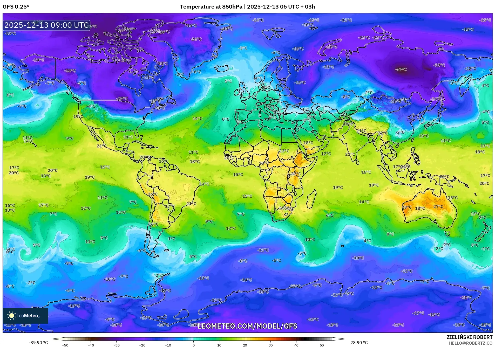 GFS model - World, Temperature at 850hPa