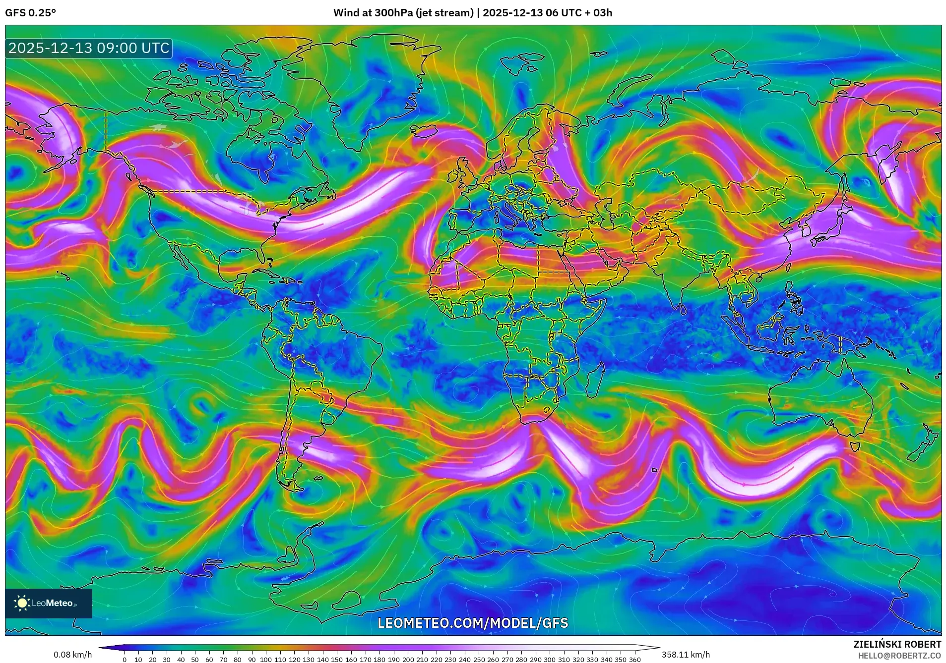 GFS model - Dunia, Angin 300 hPa (aliran jet)