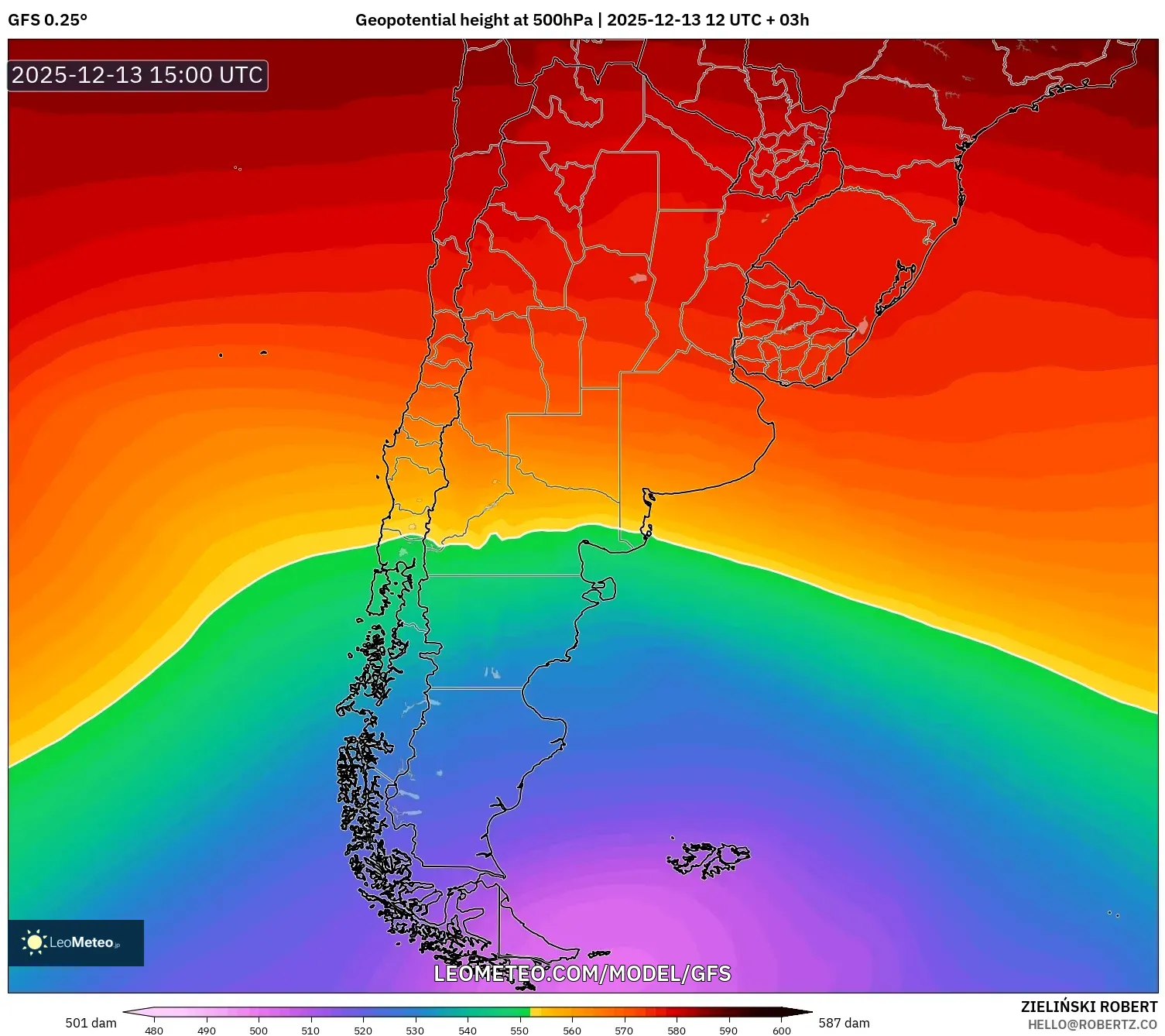 GFS model - Argentina, Ketinggian geopotensial pada 500 hPa