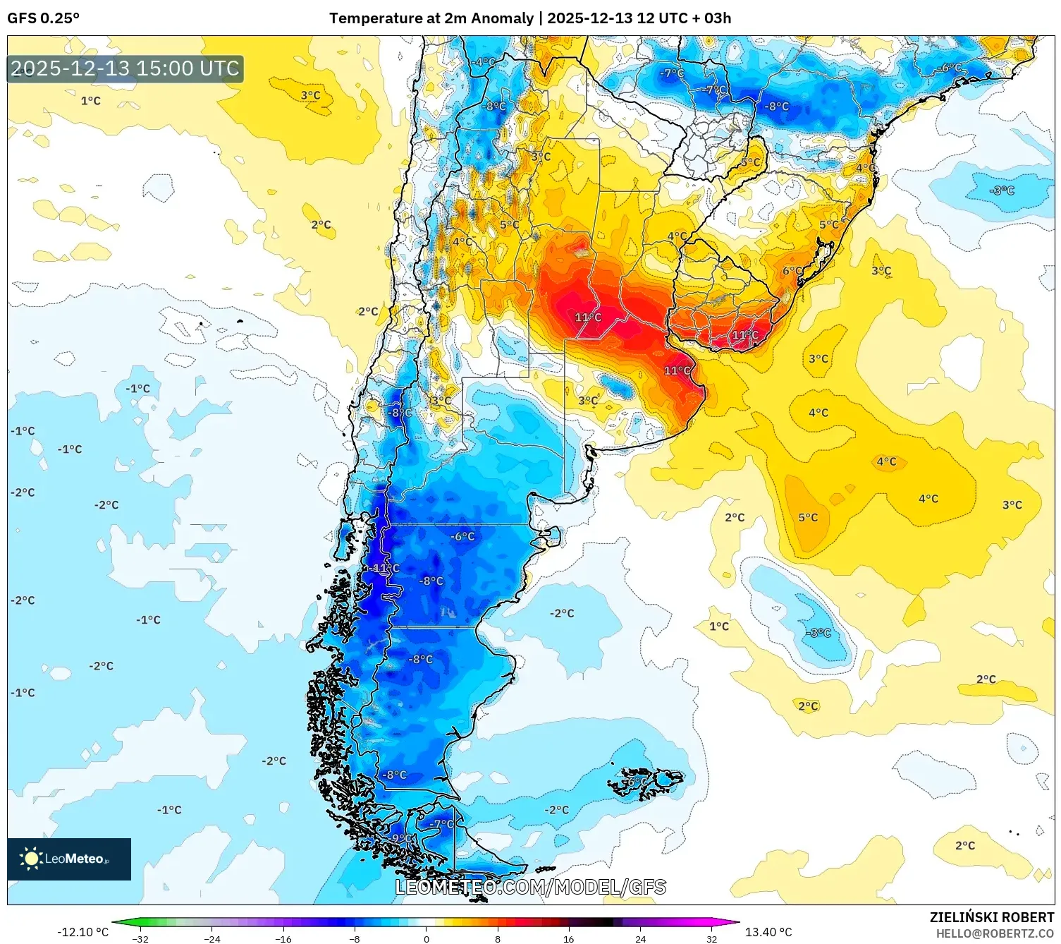 GFS model - Argentina, Anomali Suhu 2 m