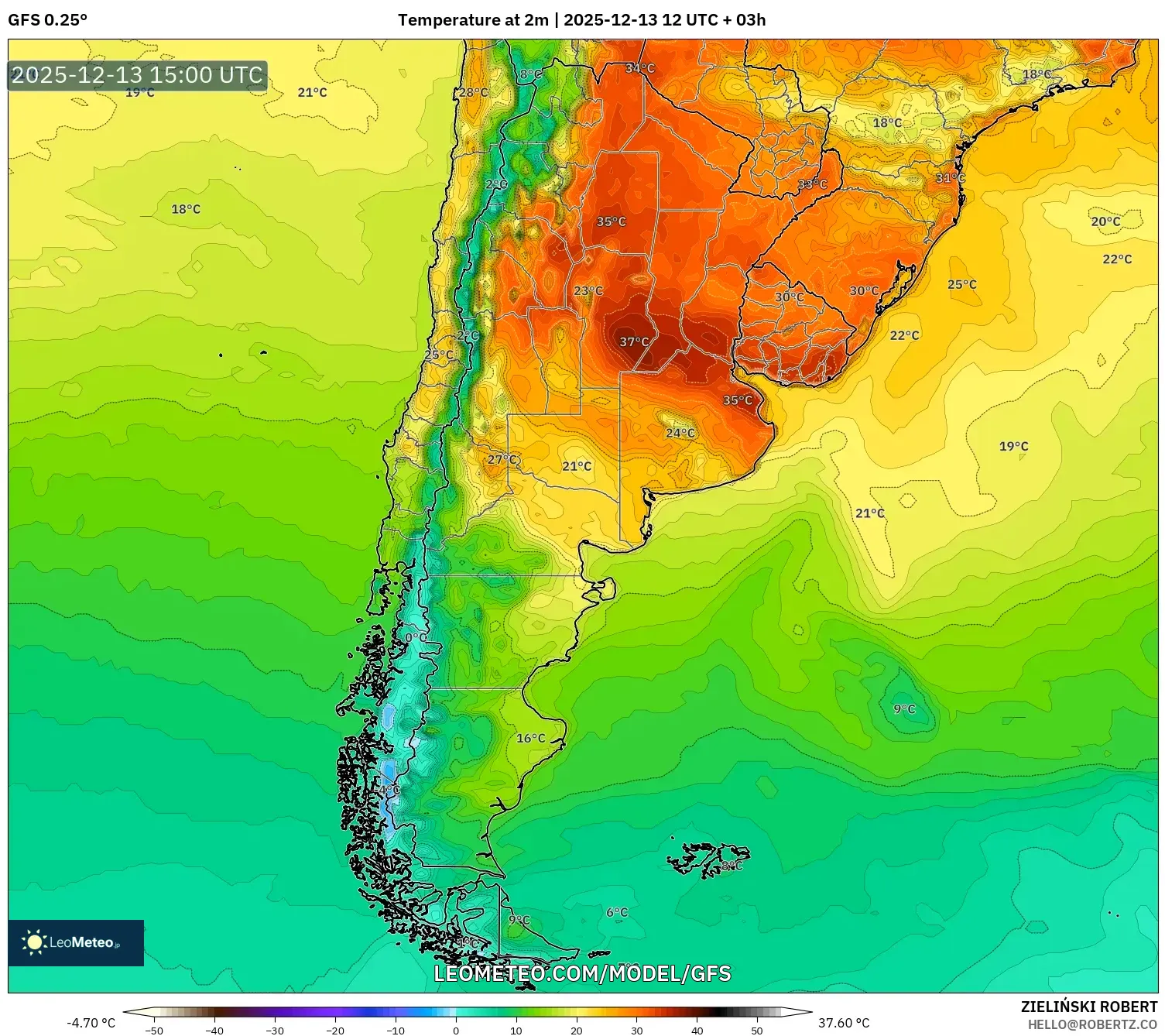 GFS model - Argentina, Suhu 2 m