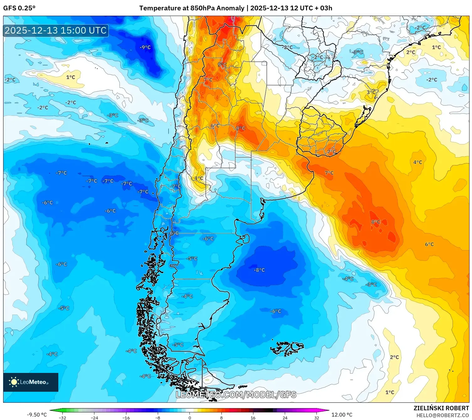 GFS model - Argentina, Anomali Suhu 850 hPa