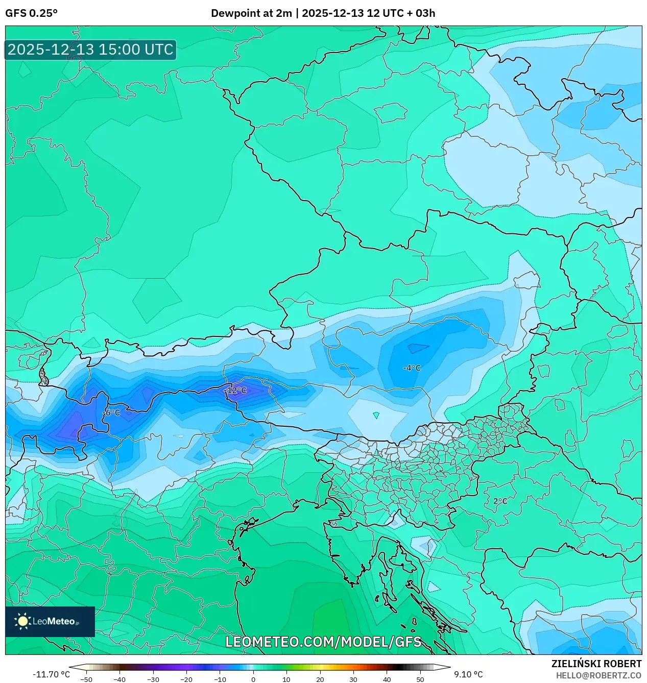 GFS model - Austria, Titik Embun 2 m
