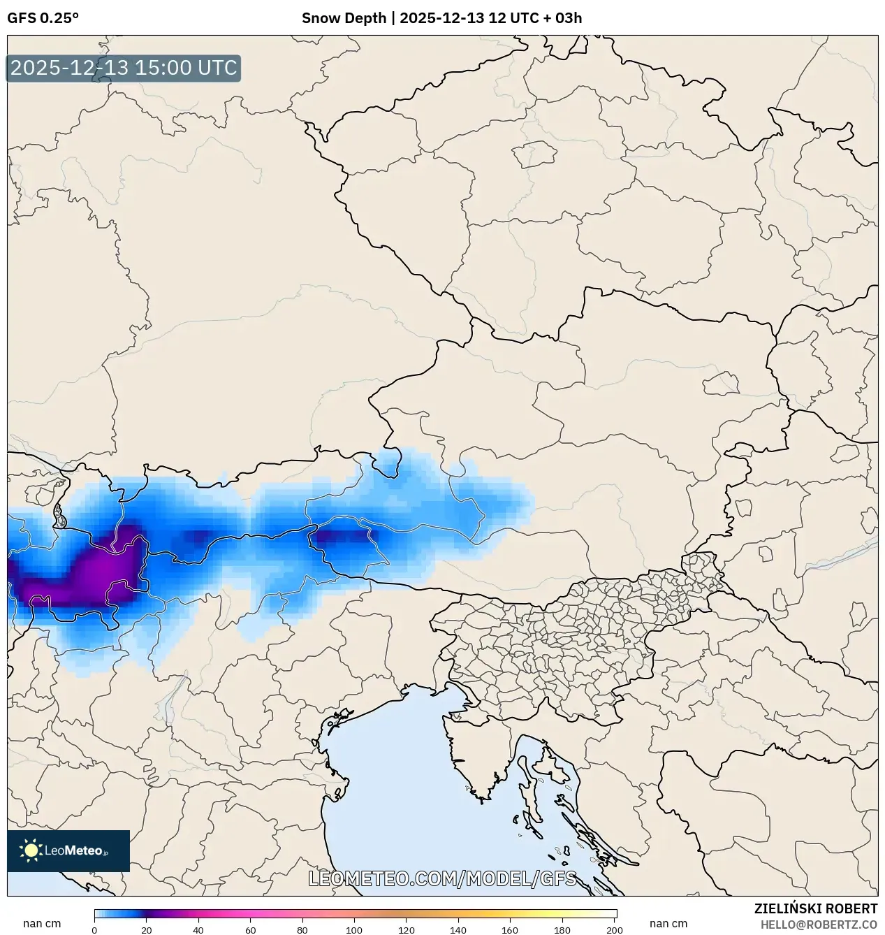 GFS model - Austria, Kedalaman Salju