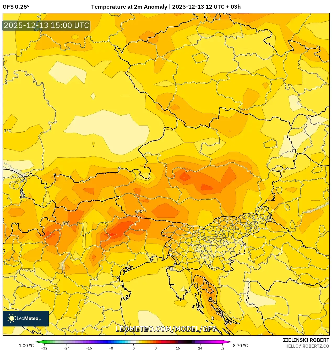 GFS model - Austria, Anomali Suhu 2 m