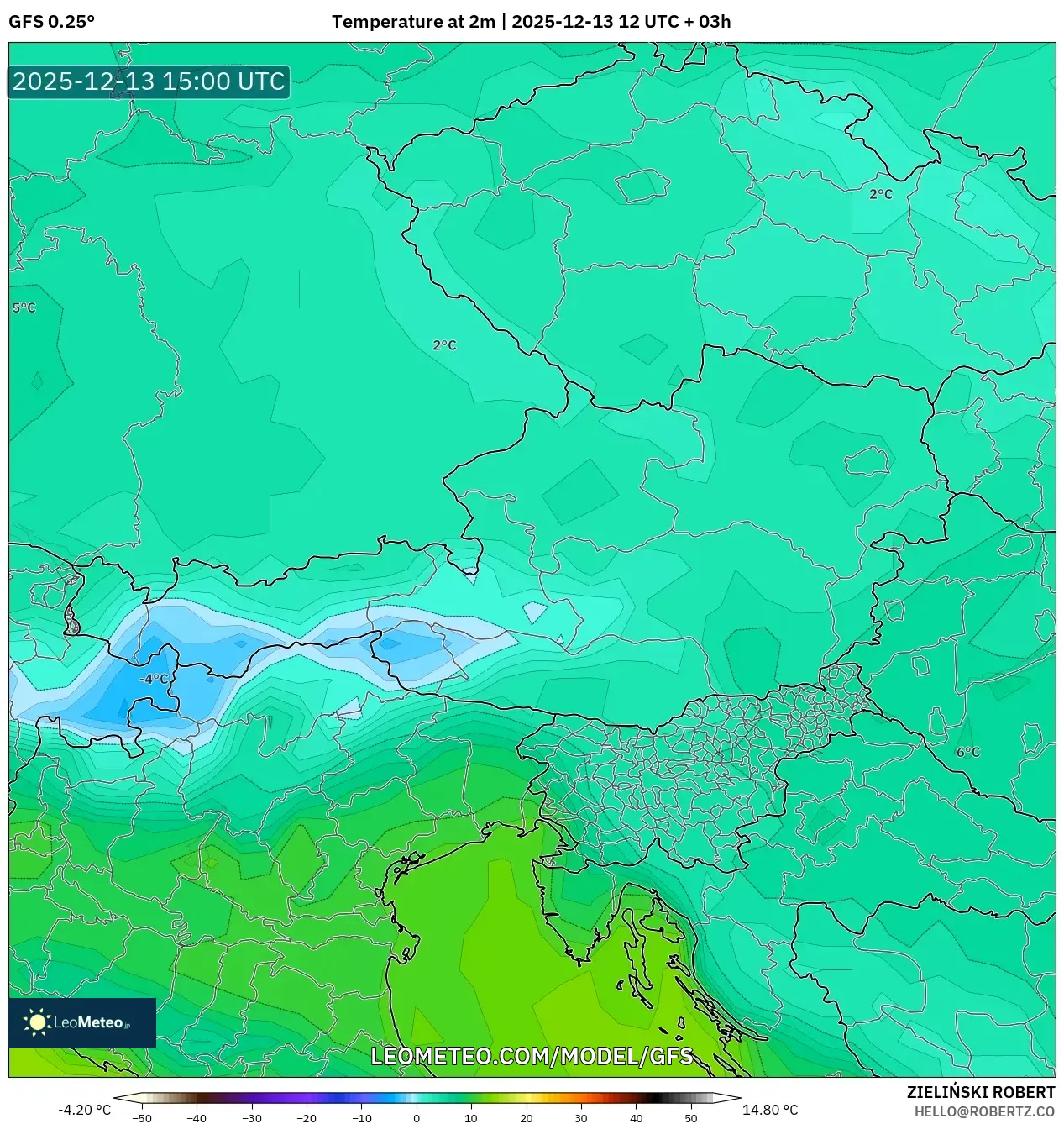 GFS model - Austria, Suhu 2 m