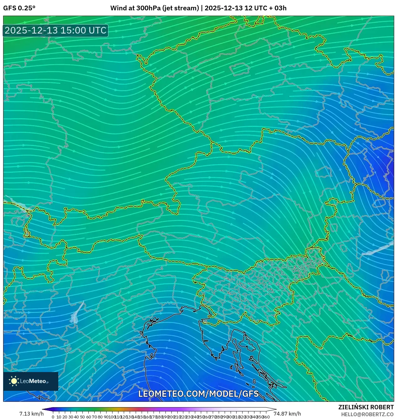 GFS model - Austria, Angin 300 hPa (aliran jet)