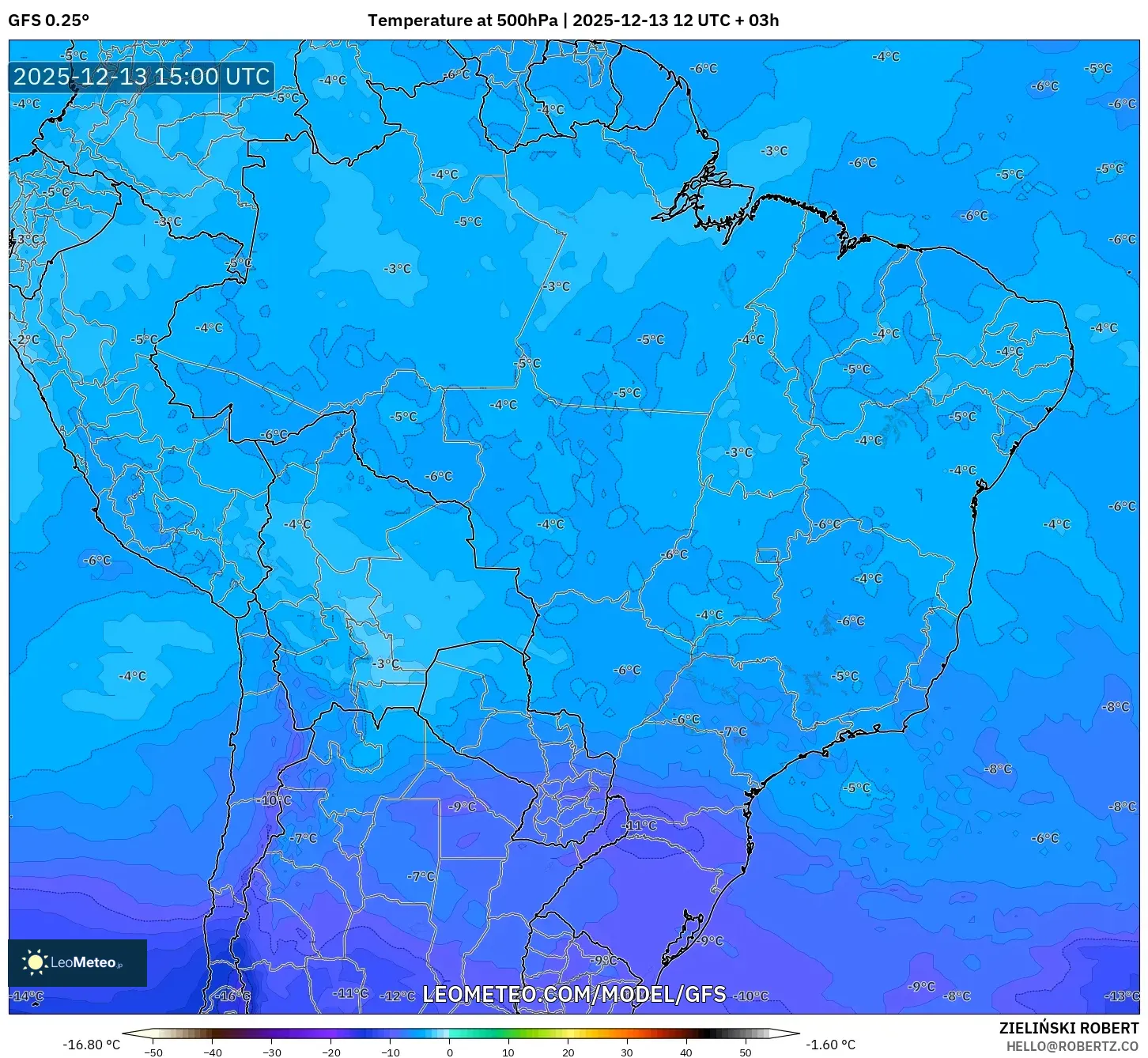 GFS model - Brasil, Suhu 500 hPa