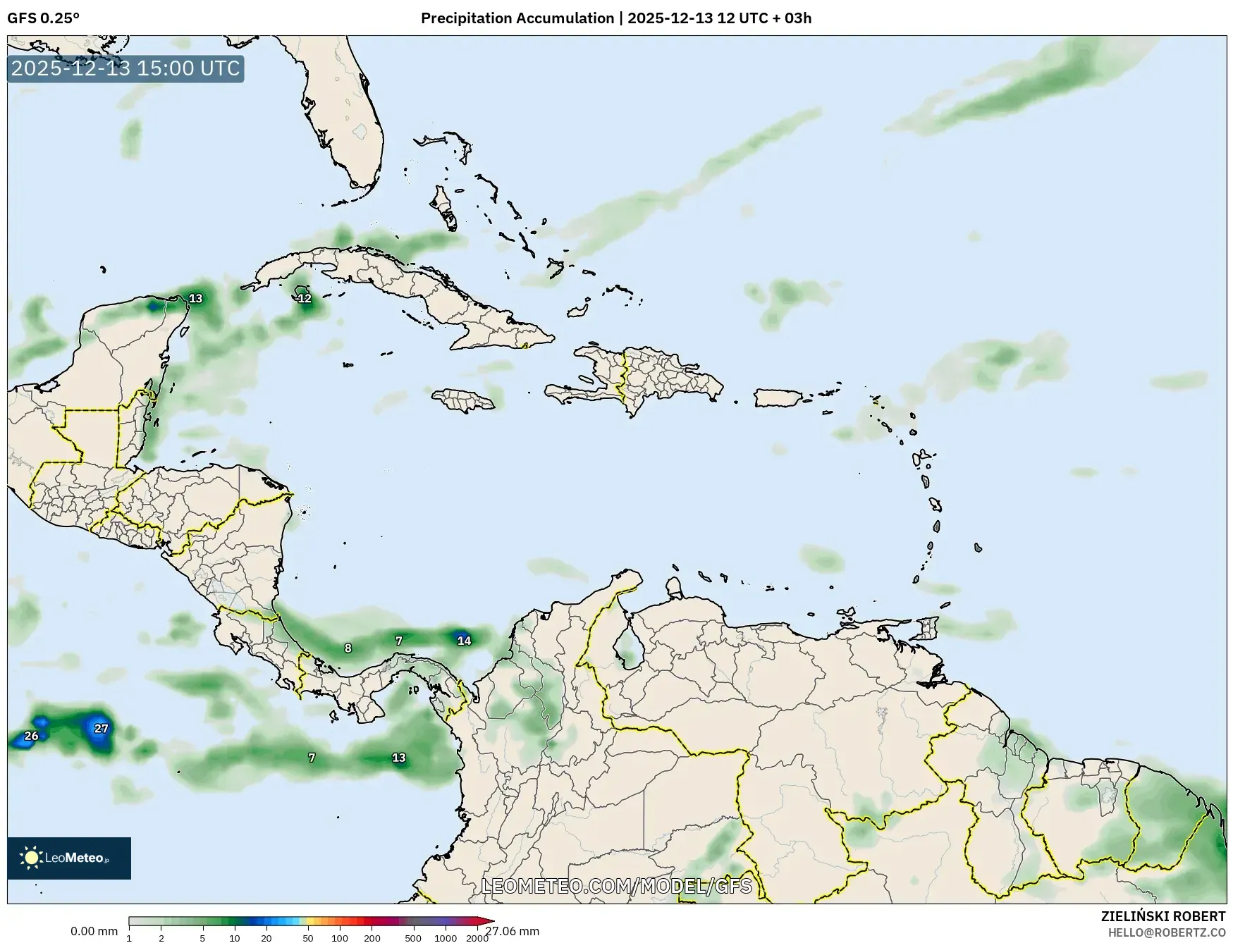 GFS model - Karibia, Akumulasi Curah Hujan