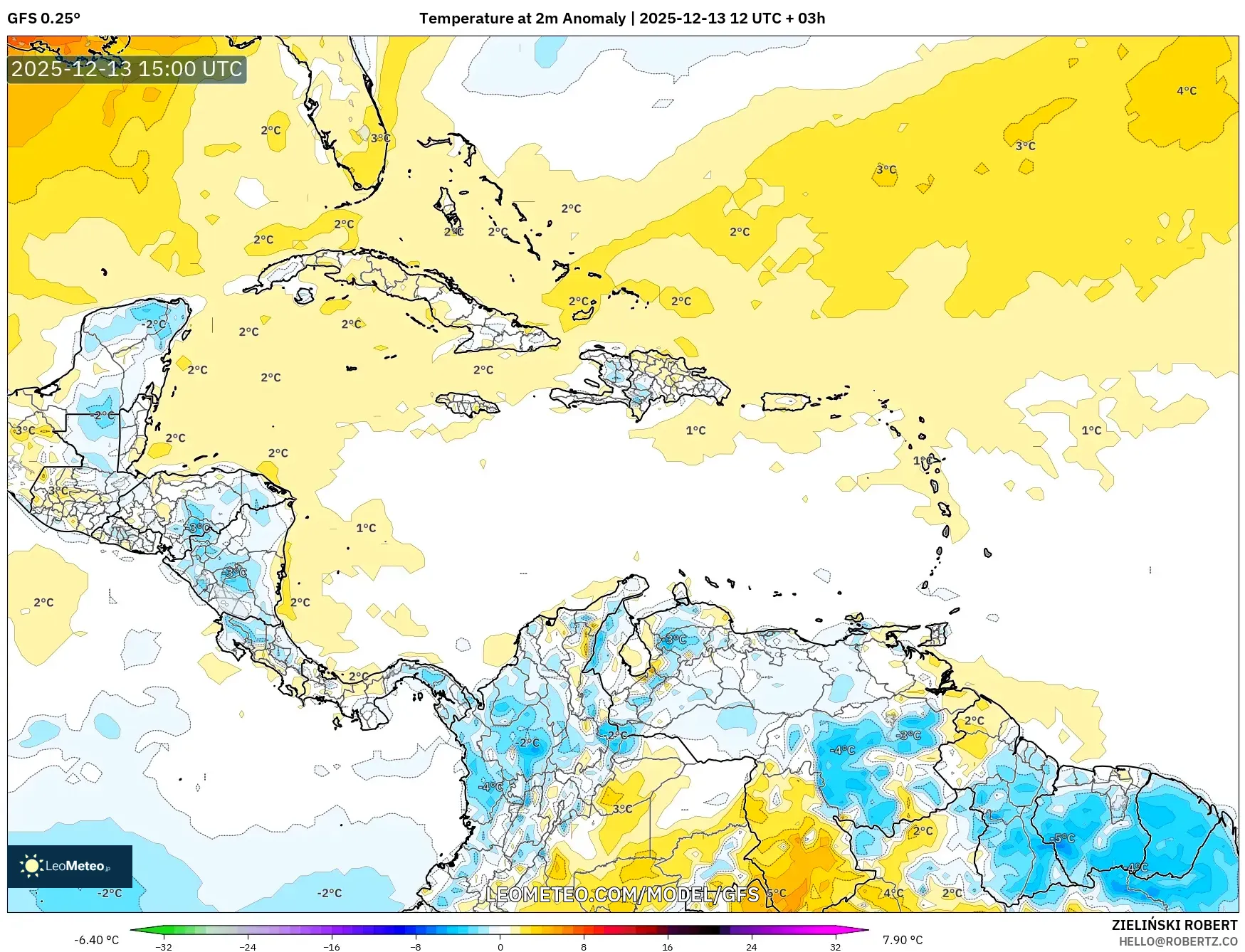 GFS model - Karibia, Anomali Suhu 2 m