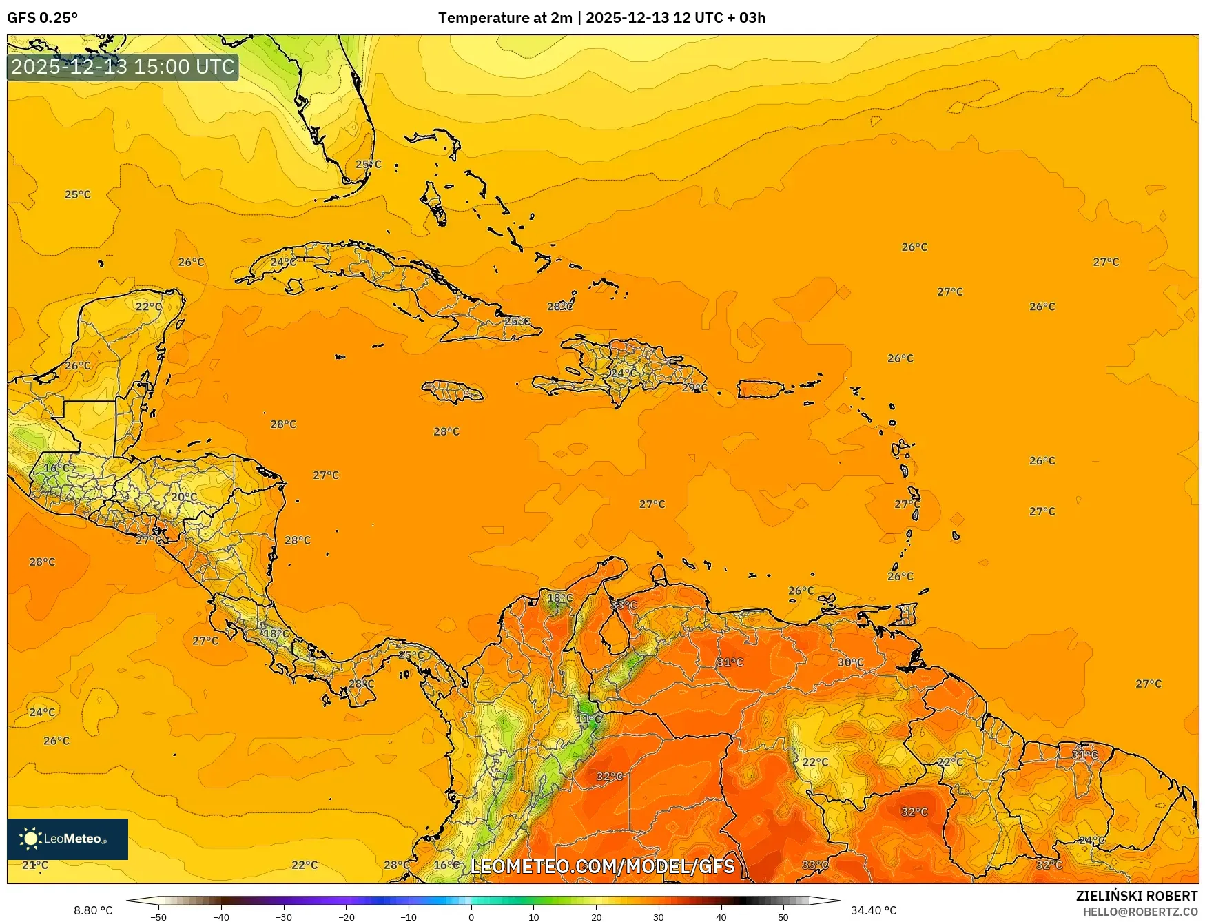 GFS model - Karibia, Suhu 2 m