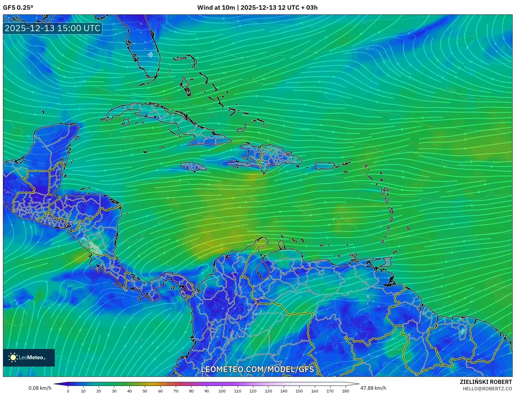 GFS model - Karibia, Angin 10 m