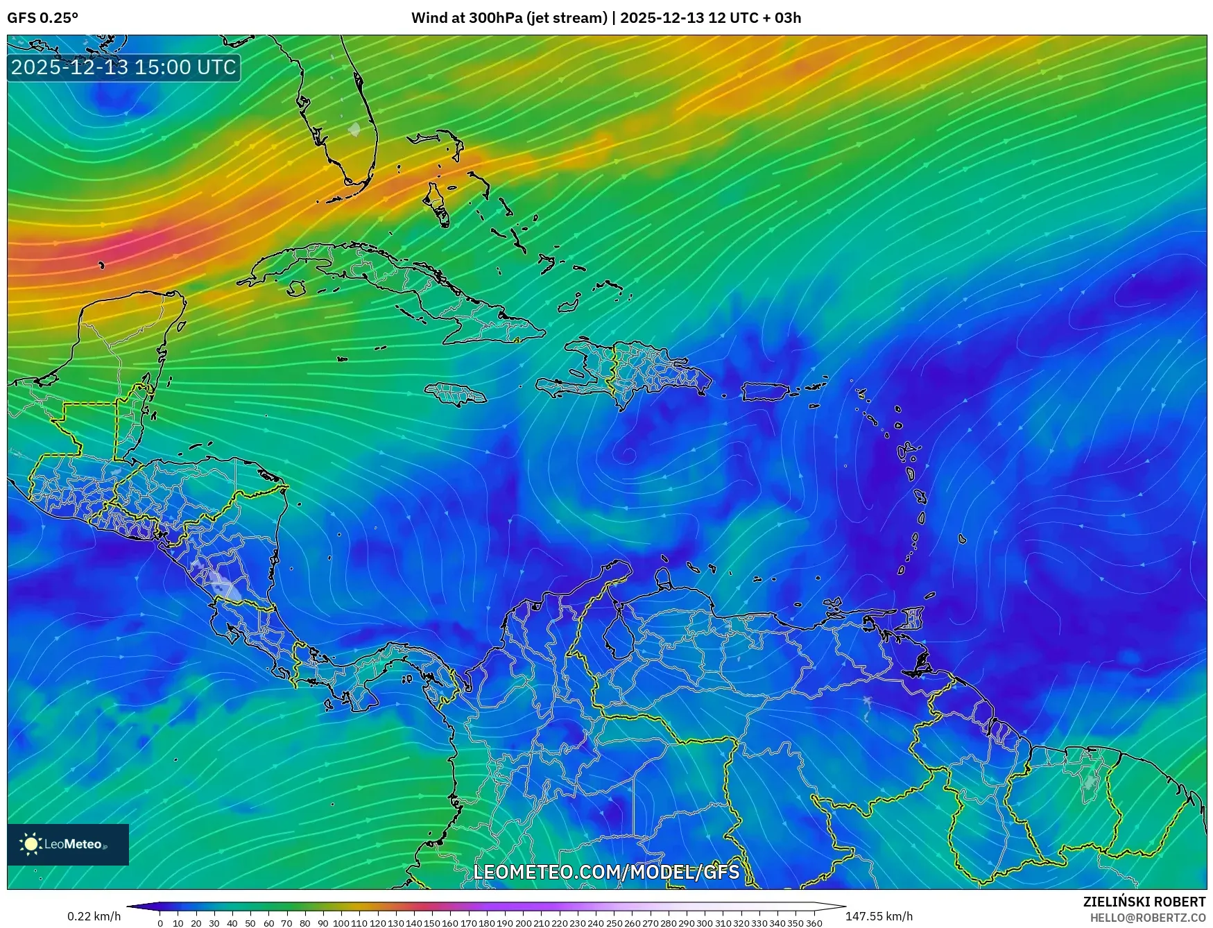 GFS model - Karibia, Angin 300 hPa (aliran jet)