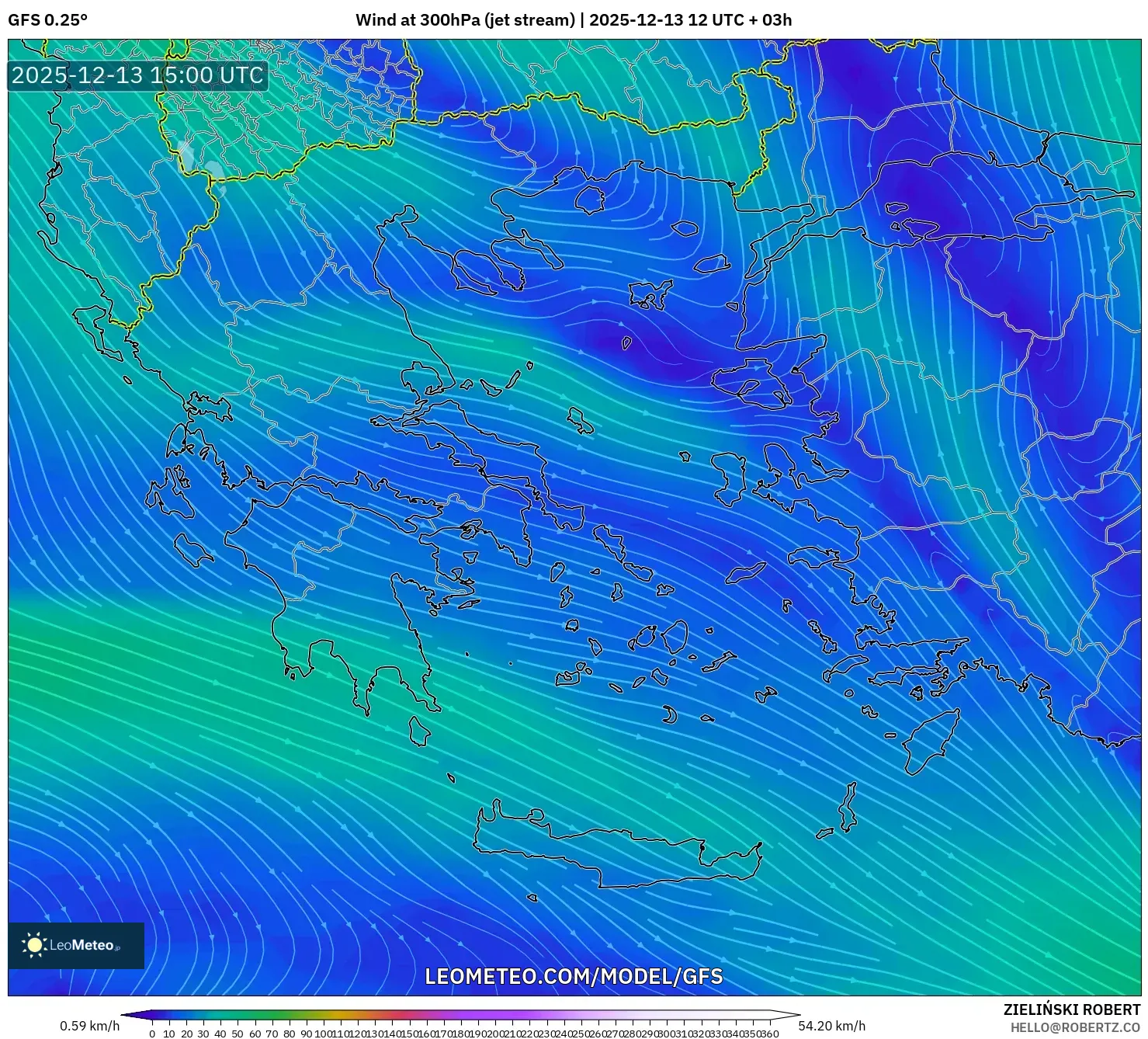 GFS model - Yunani, Angin 300 hPa (aliran jet)