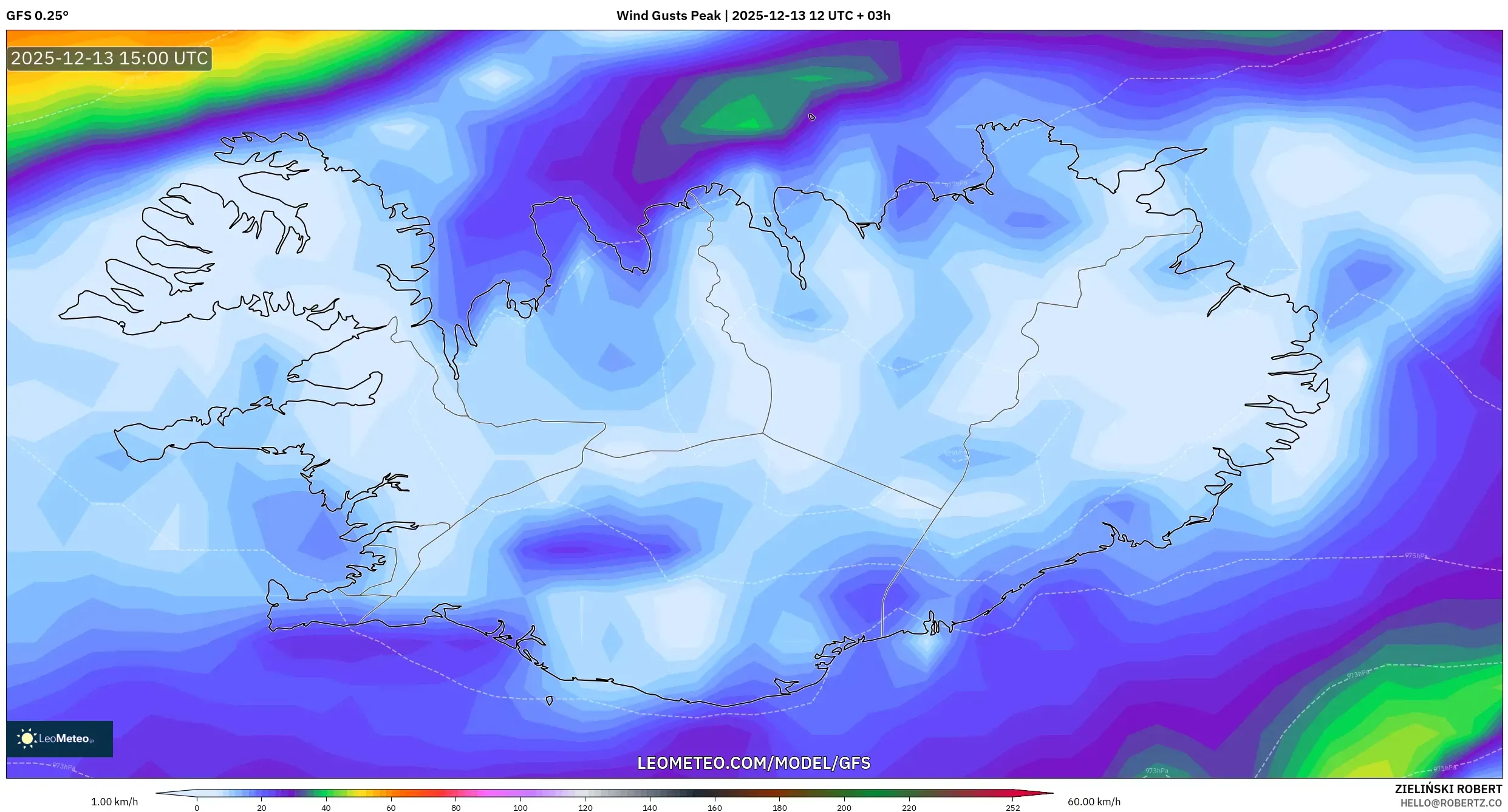 GFS model - Islandia, Puncak Hembusan