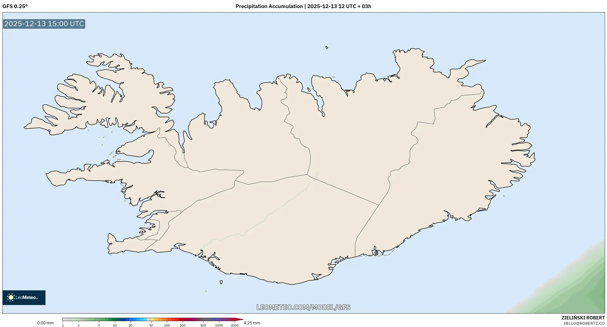 GFS model - Islandia, Akumulasi Curah Hujan