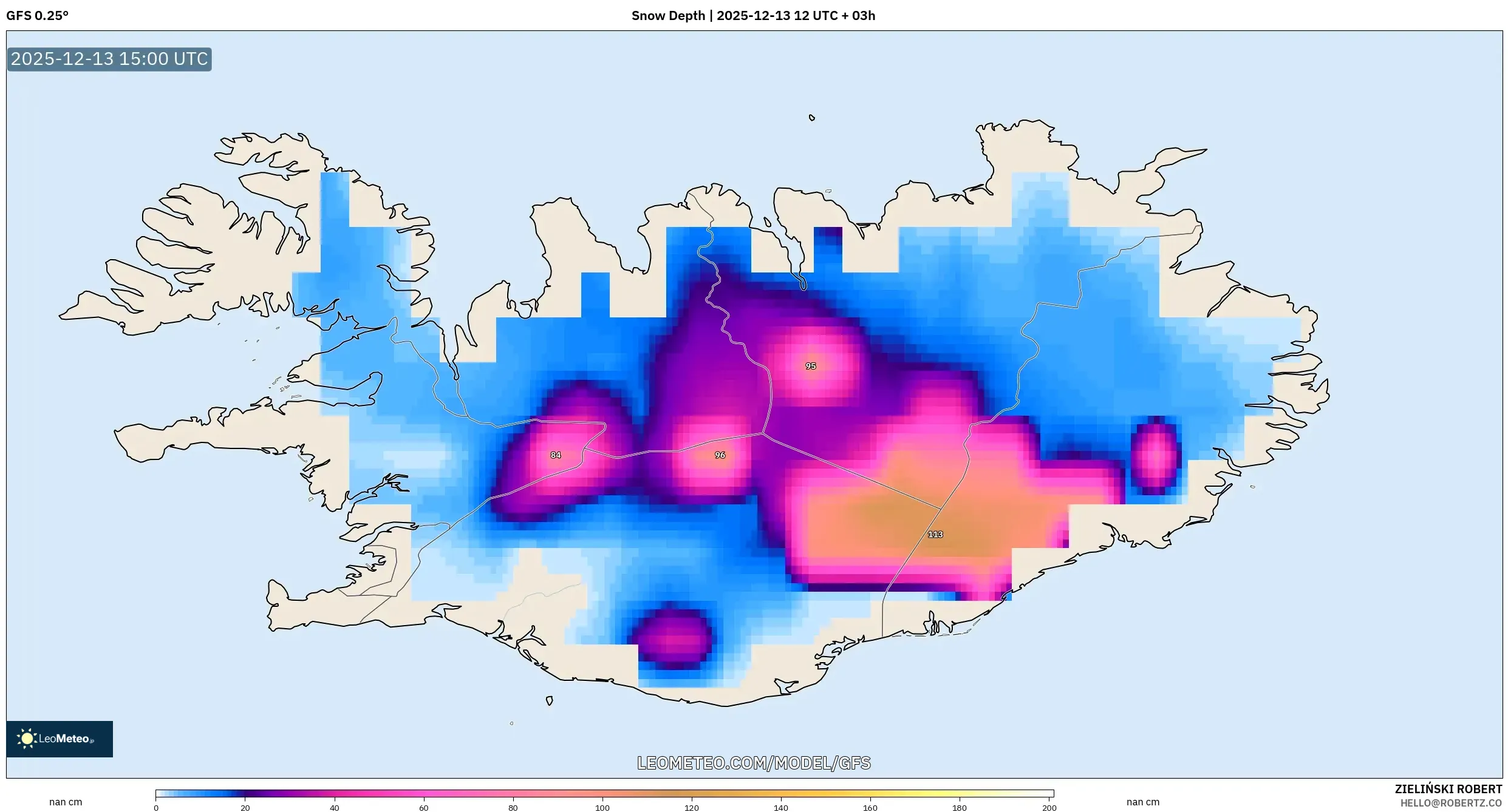 GFS model - Islandia, Kedalaman Salju