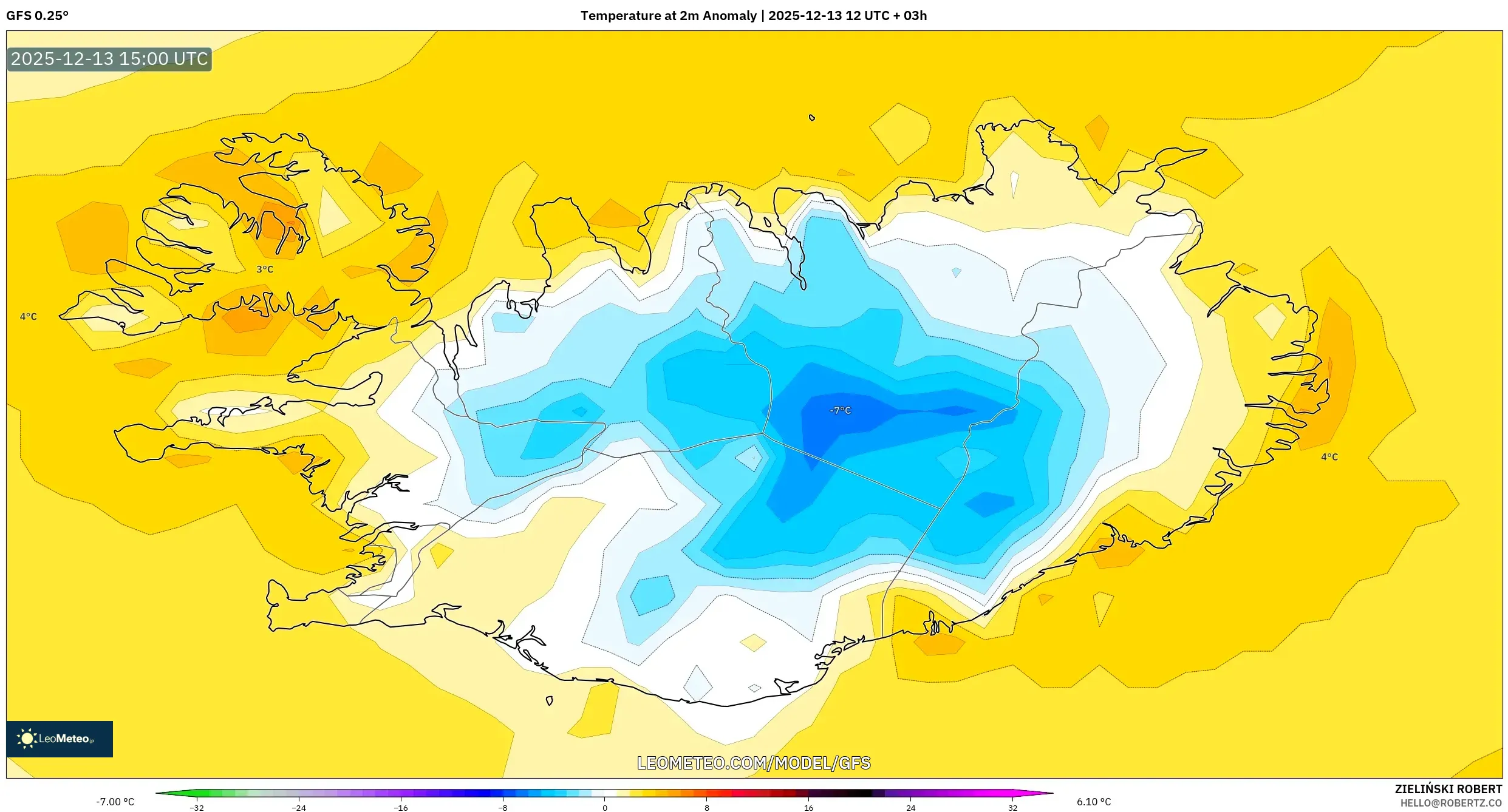 GFS model - Islandia, Anomali Suhu 2 m