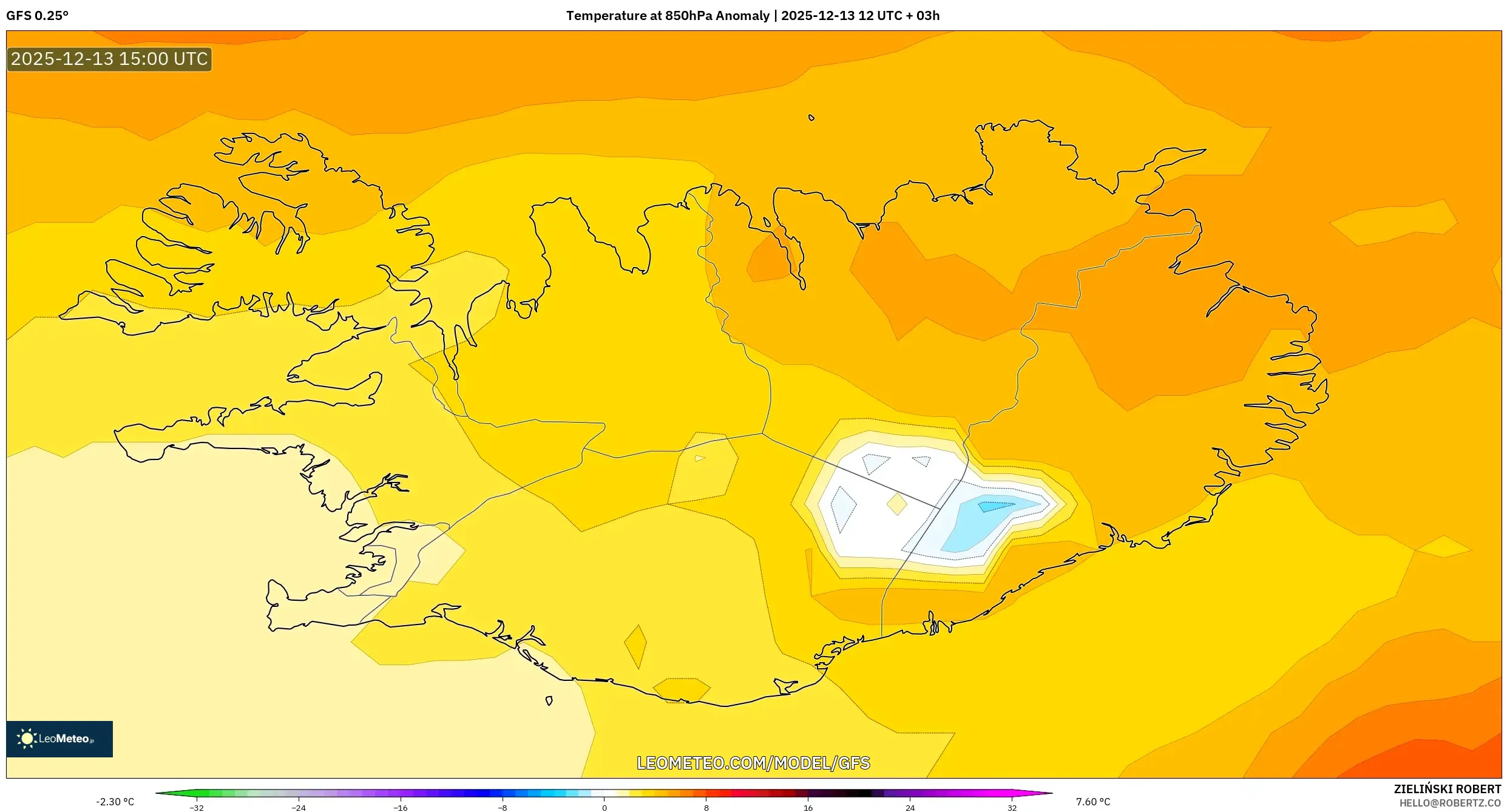 GFS model - Islandia, Anomali Suhu 850 hPa