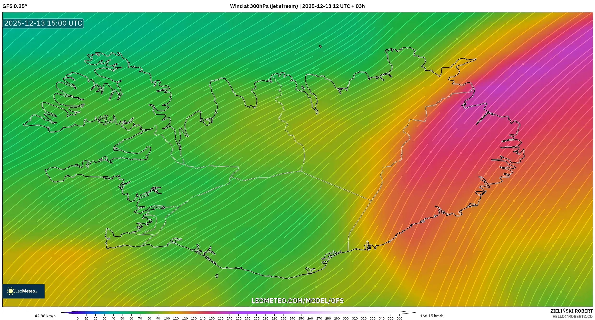 GFS model - Islandia, Angin 300 hPa (aliran jet)