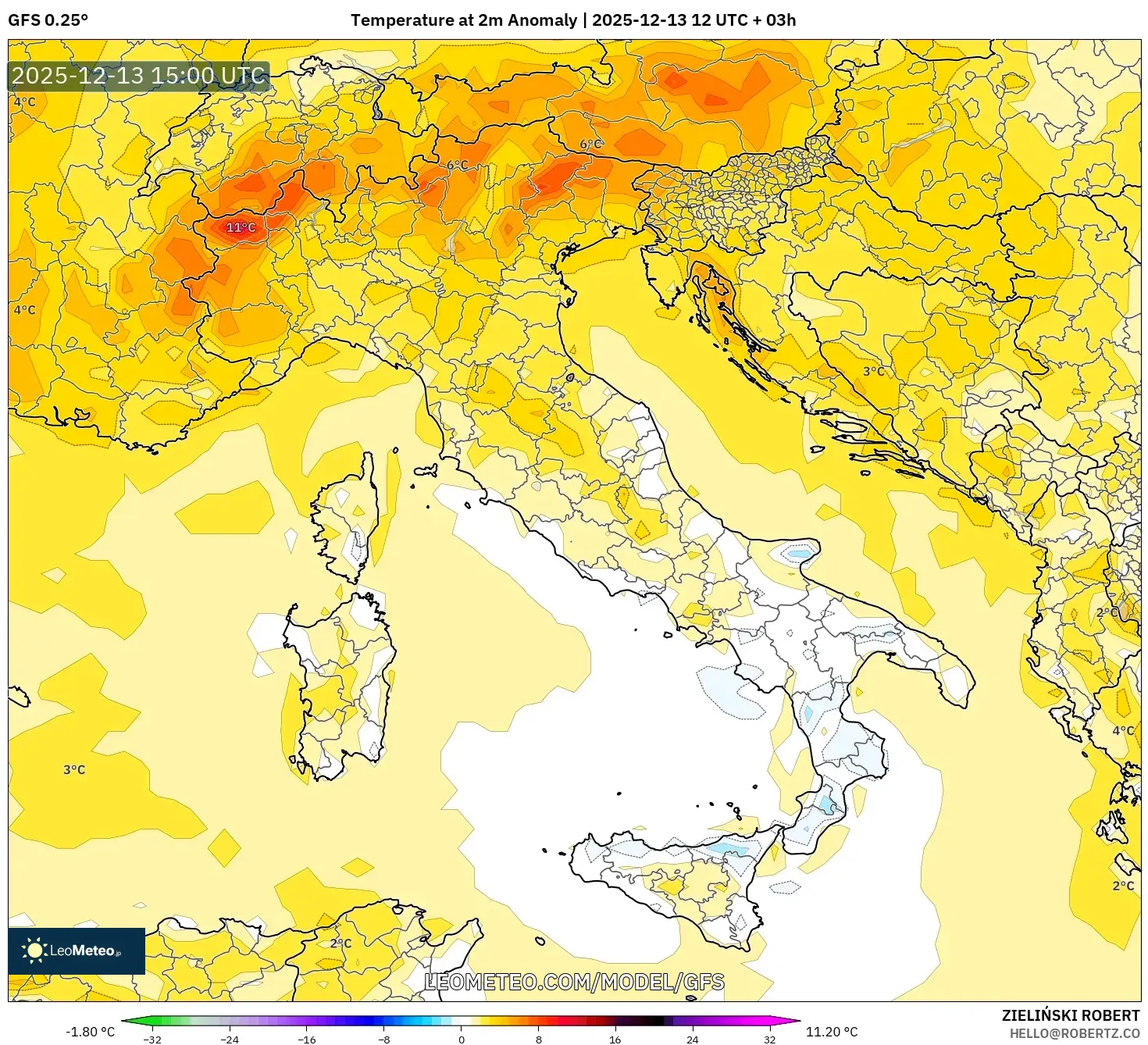 GFS model - Italia, Anomali Suhu 2 m