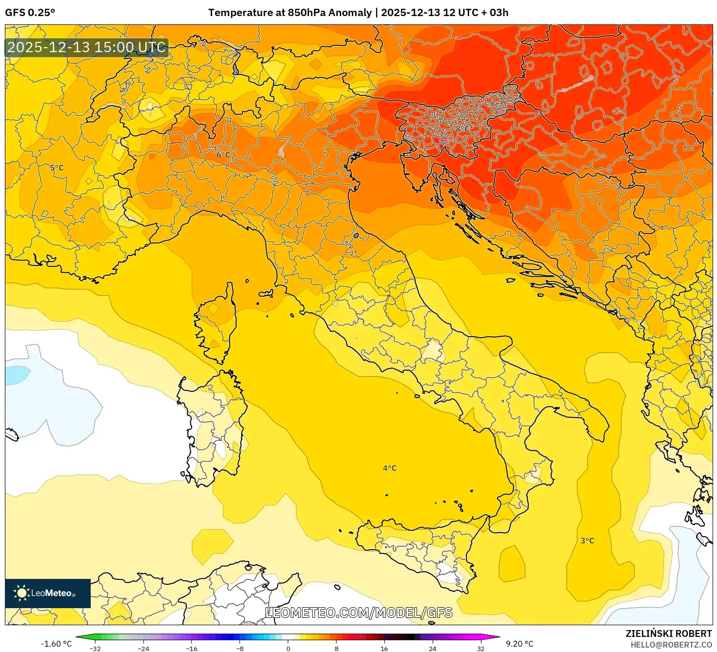 GFS model - Italia, Anomali Suhu 850 hPa