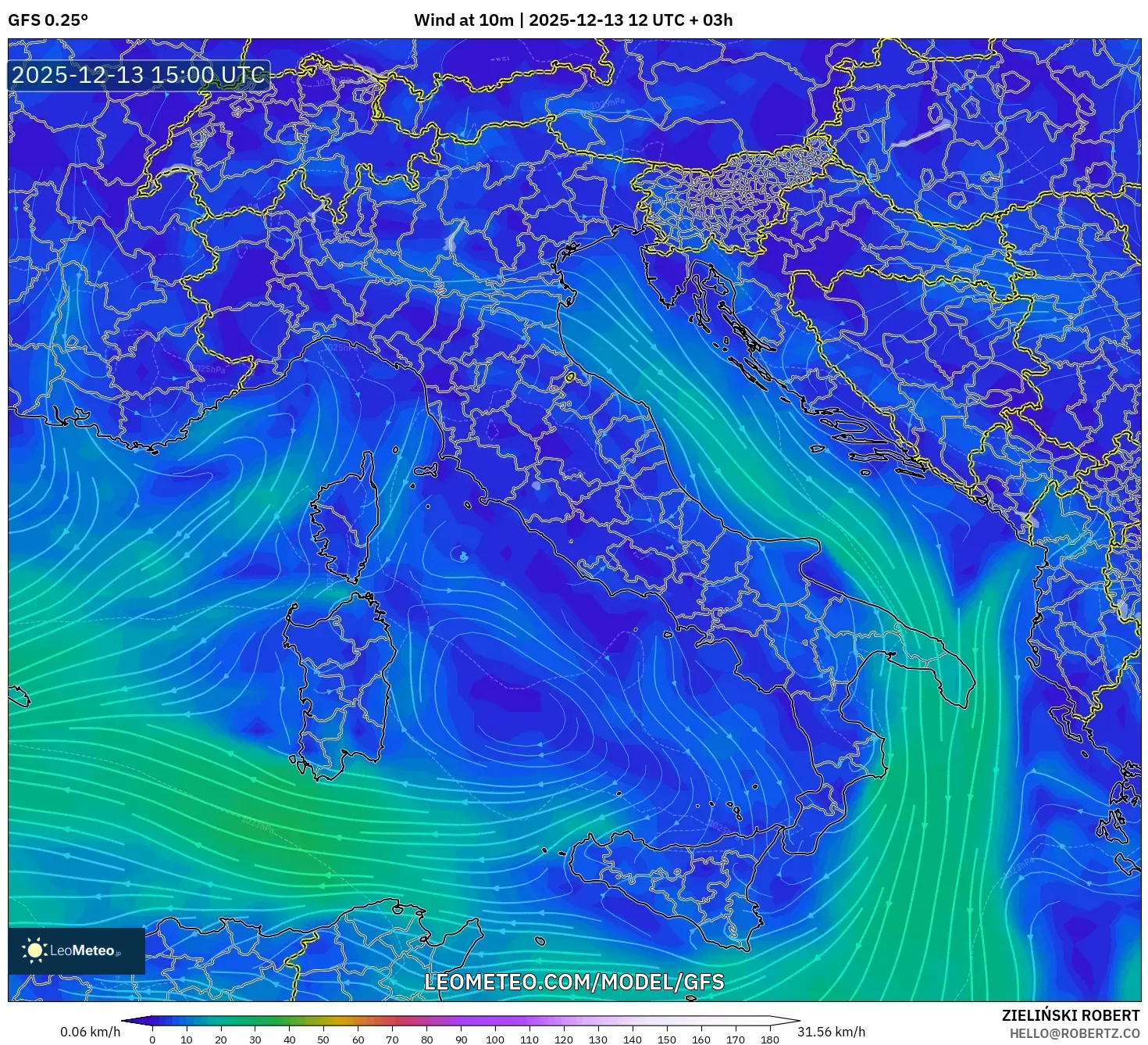 GFS model - Italia, Angin 10 m