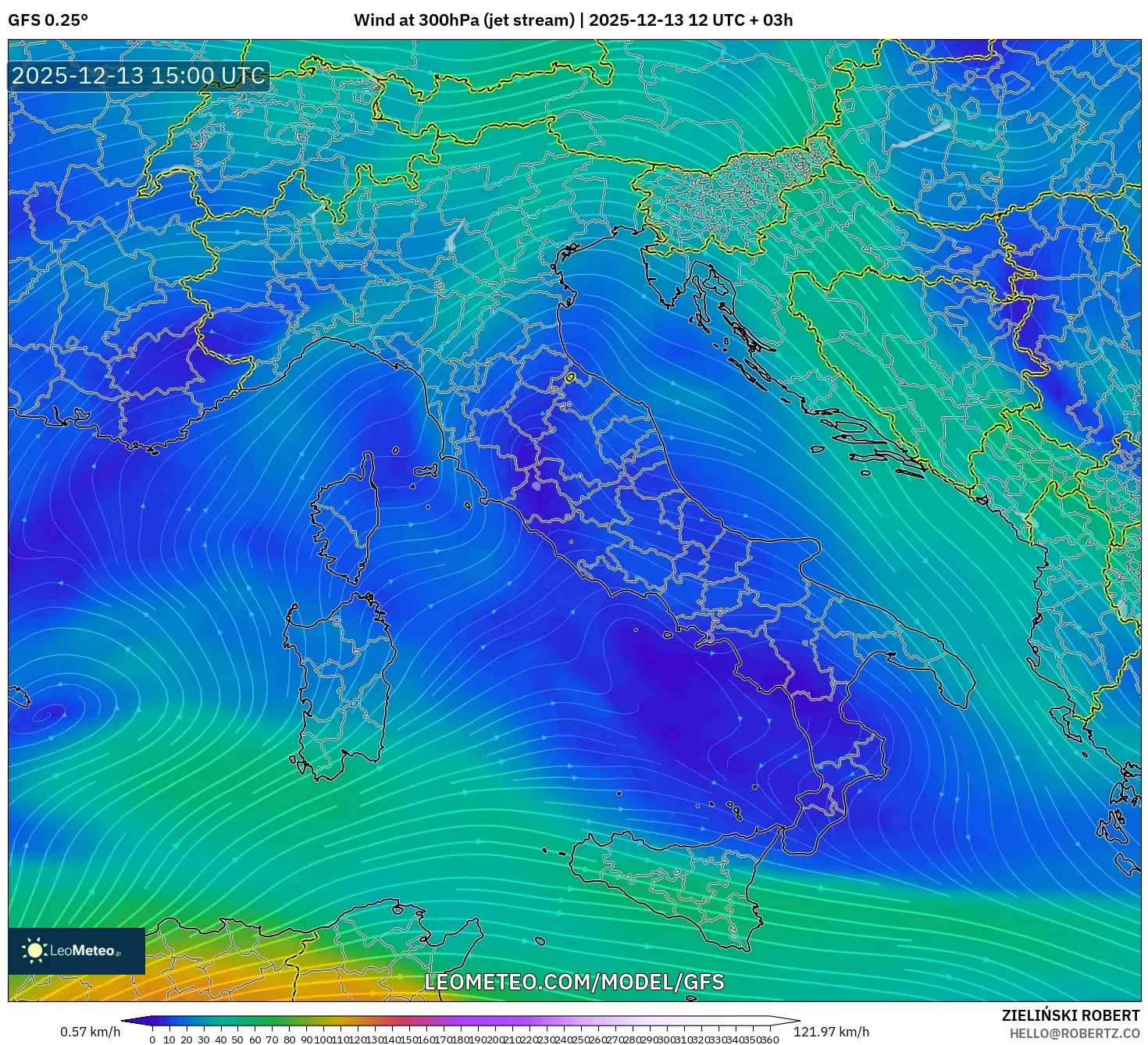 GFS model - Italia, Angin 300 hPa (aliran jet)