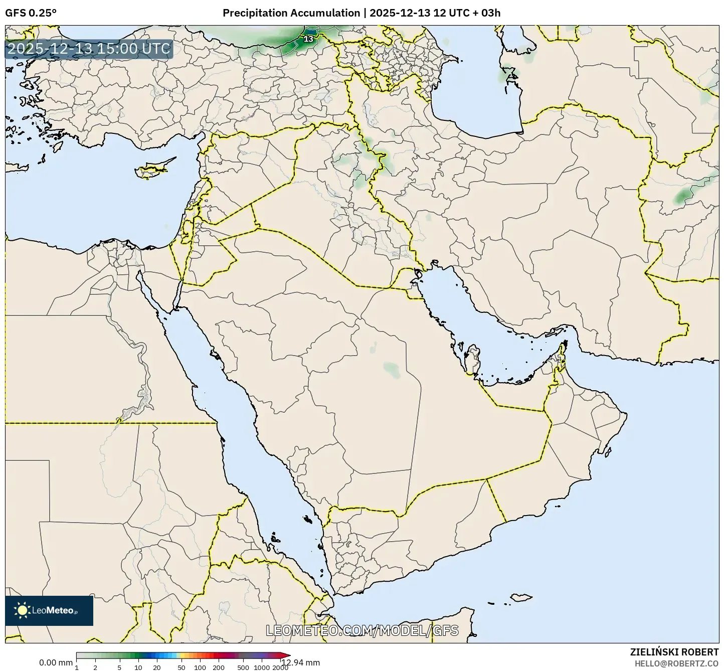 GFS model - Timur Tengah, Akumulasi Curah Hujan
