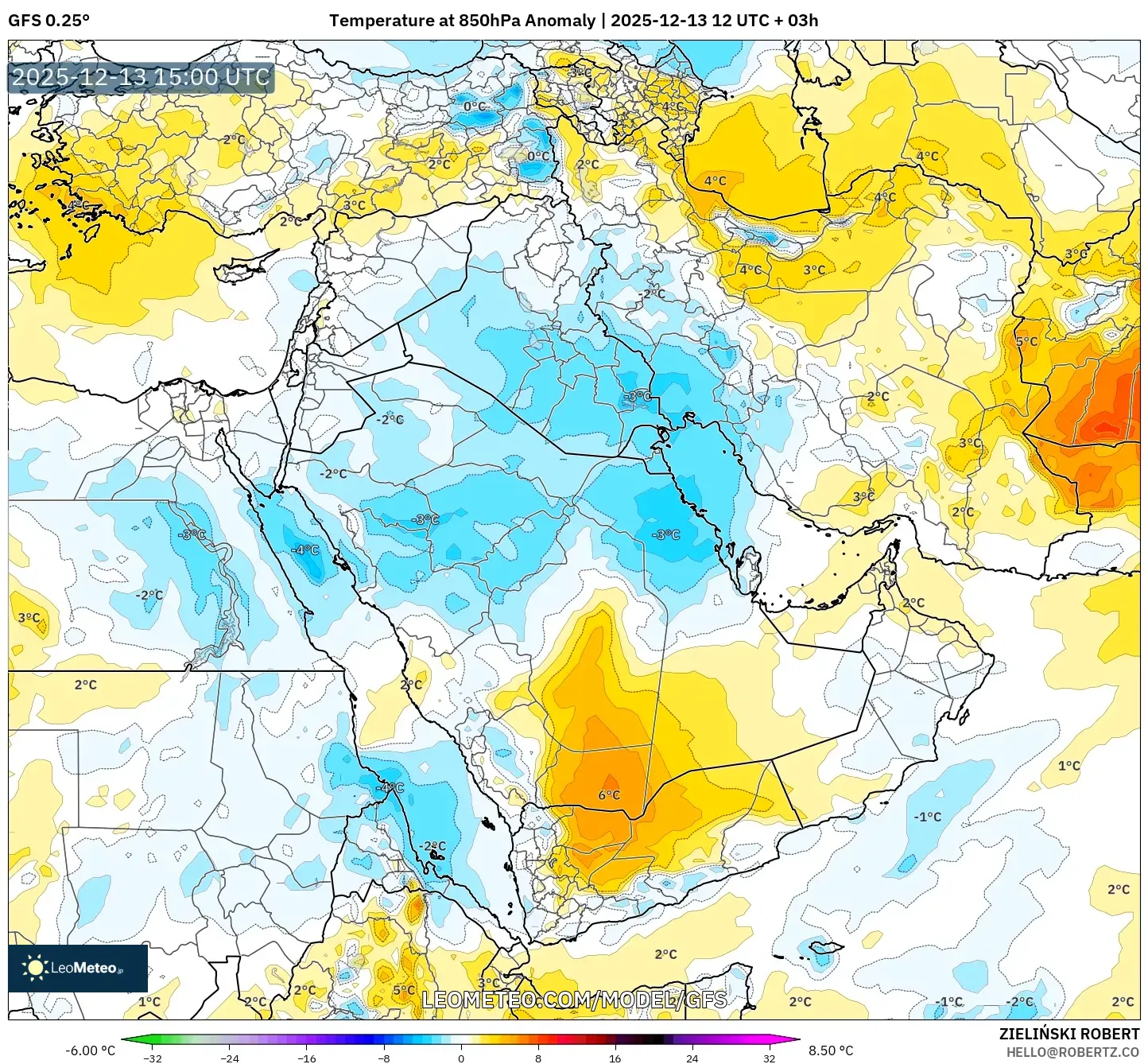 GFS model - Timur Tengah, Anomali Suhu 850 hPa