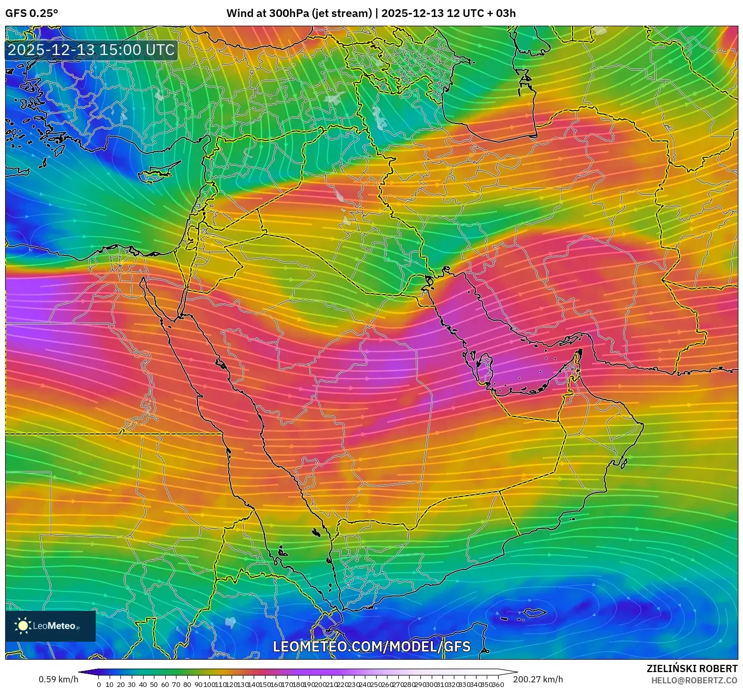 GFS model - Timur Tengah, Angin 300 hPa (aliran jet)