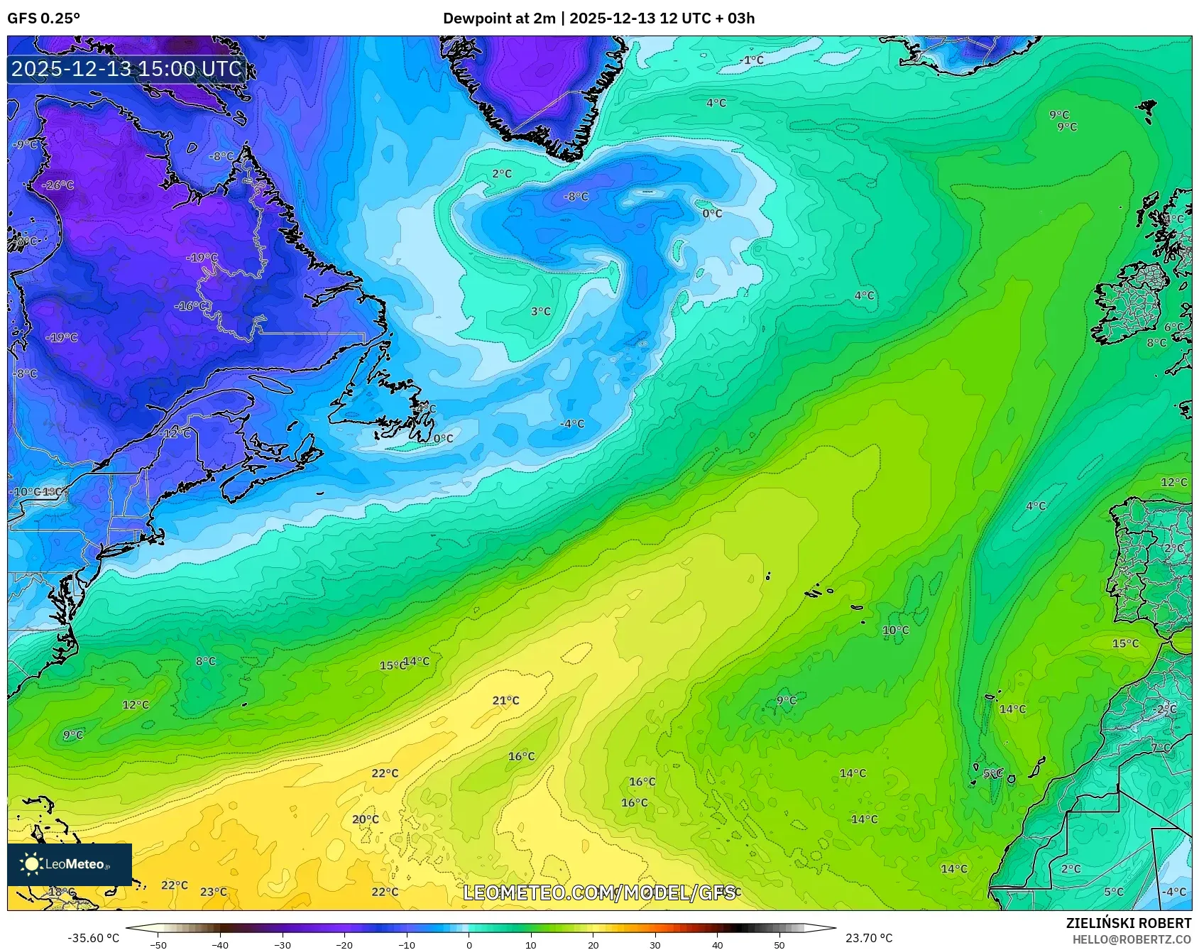 GFS model - Atlantik Utara, Titik Embun 2 m