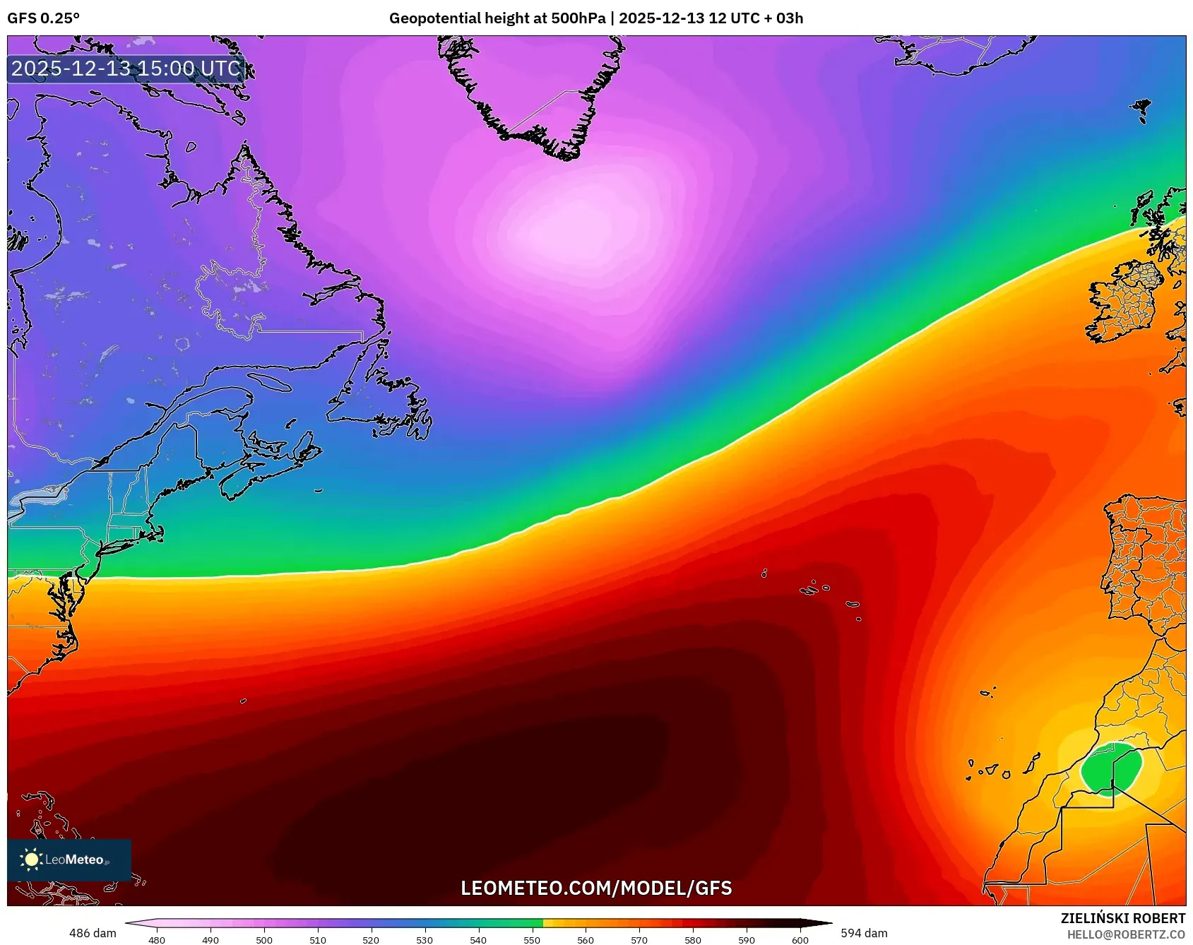 GFS model - Atlantik Utara, Ketinggian geopotensial pada 500 hPa