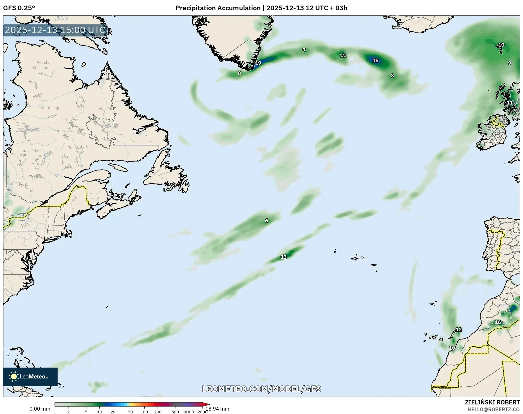 GFS model - Atlantik Utara, Akumulasi Curah Hujan