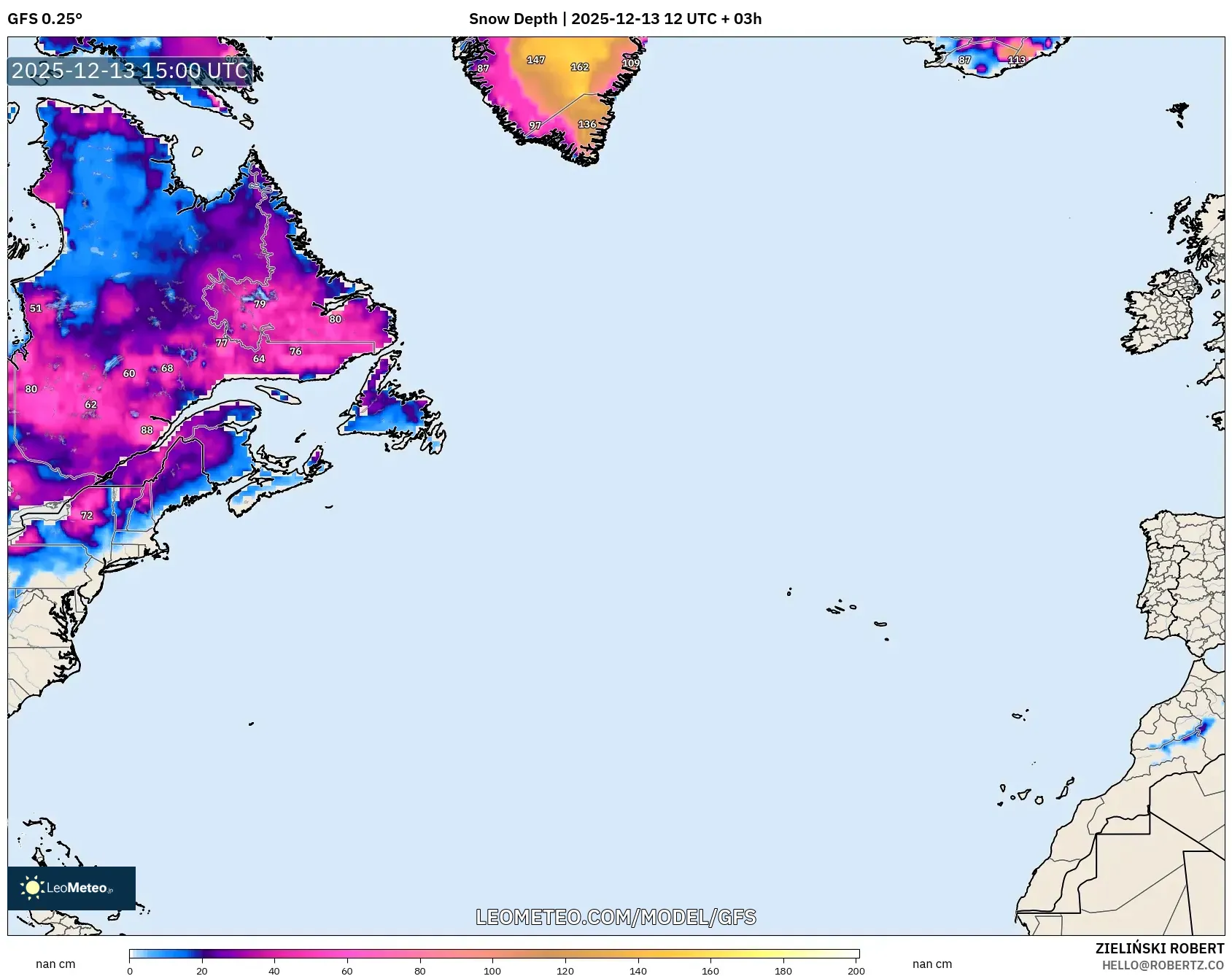 GFS model - Atlantik Utara, Kedalaman Salju