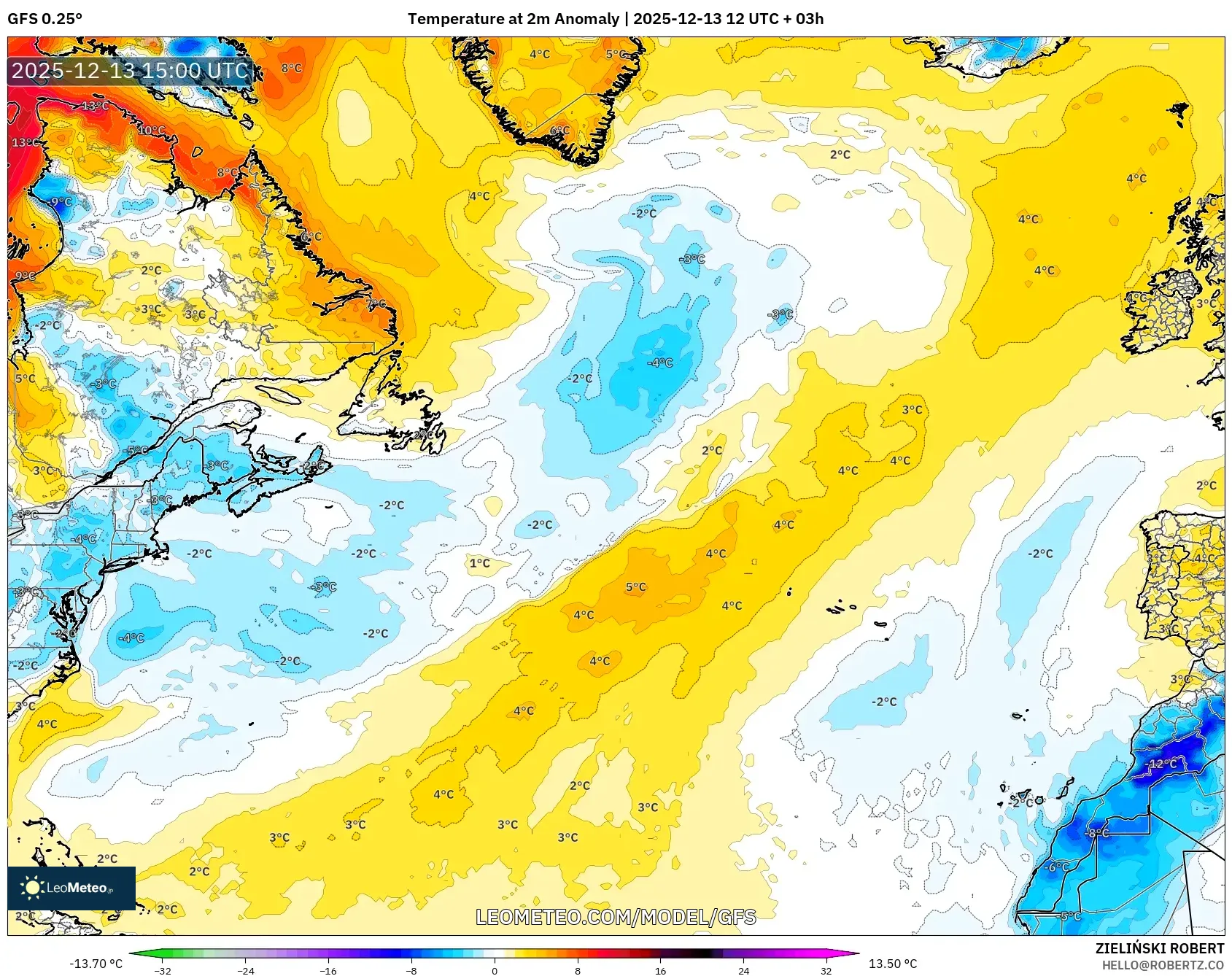GFS model - Atlantik Utara, Anomali Suhu 2 m
