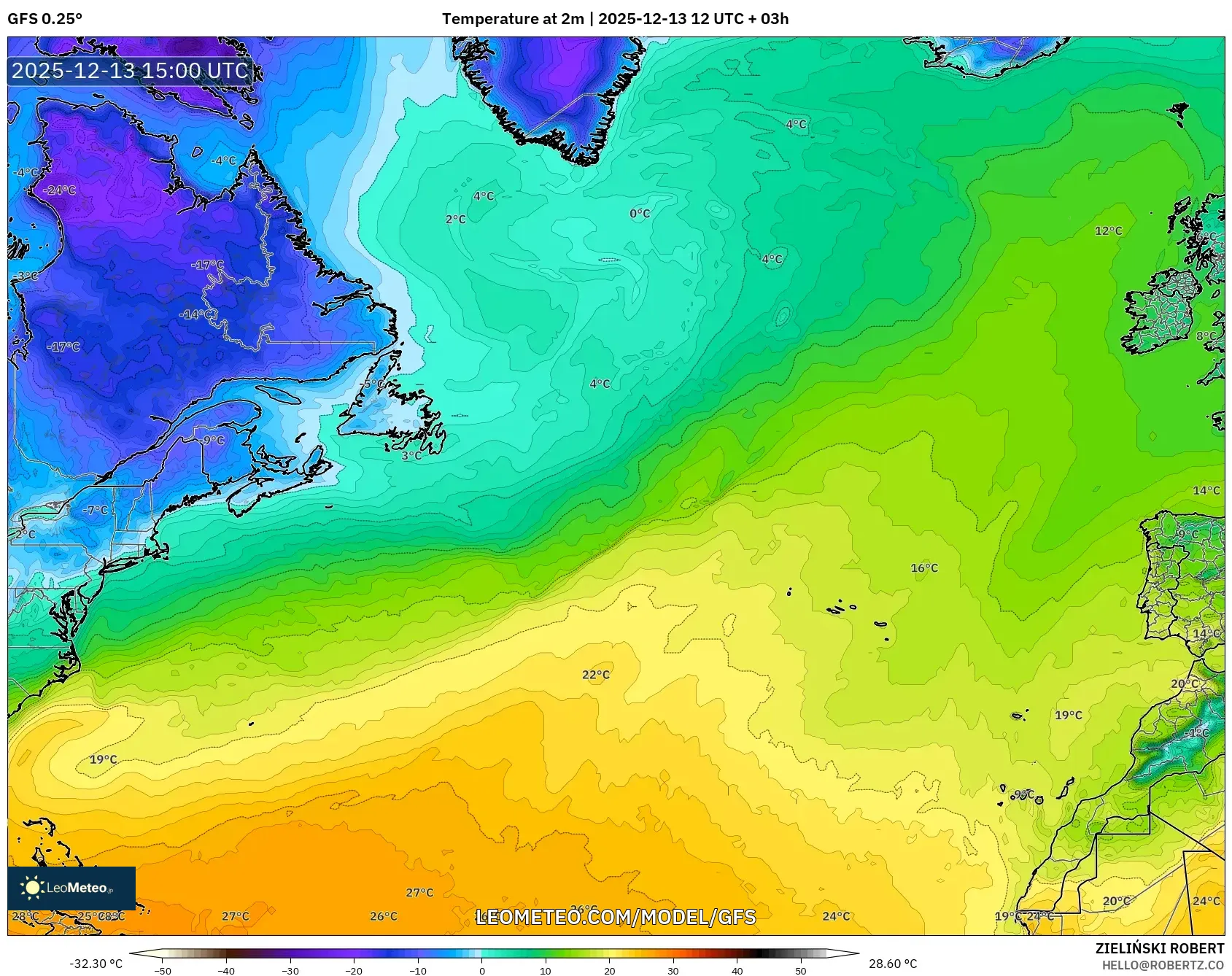 GFS model - Atlantik Utara, Suhu 2 m