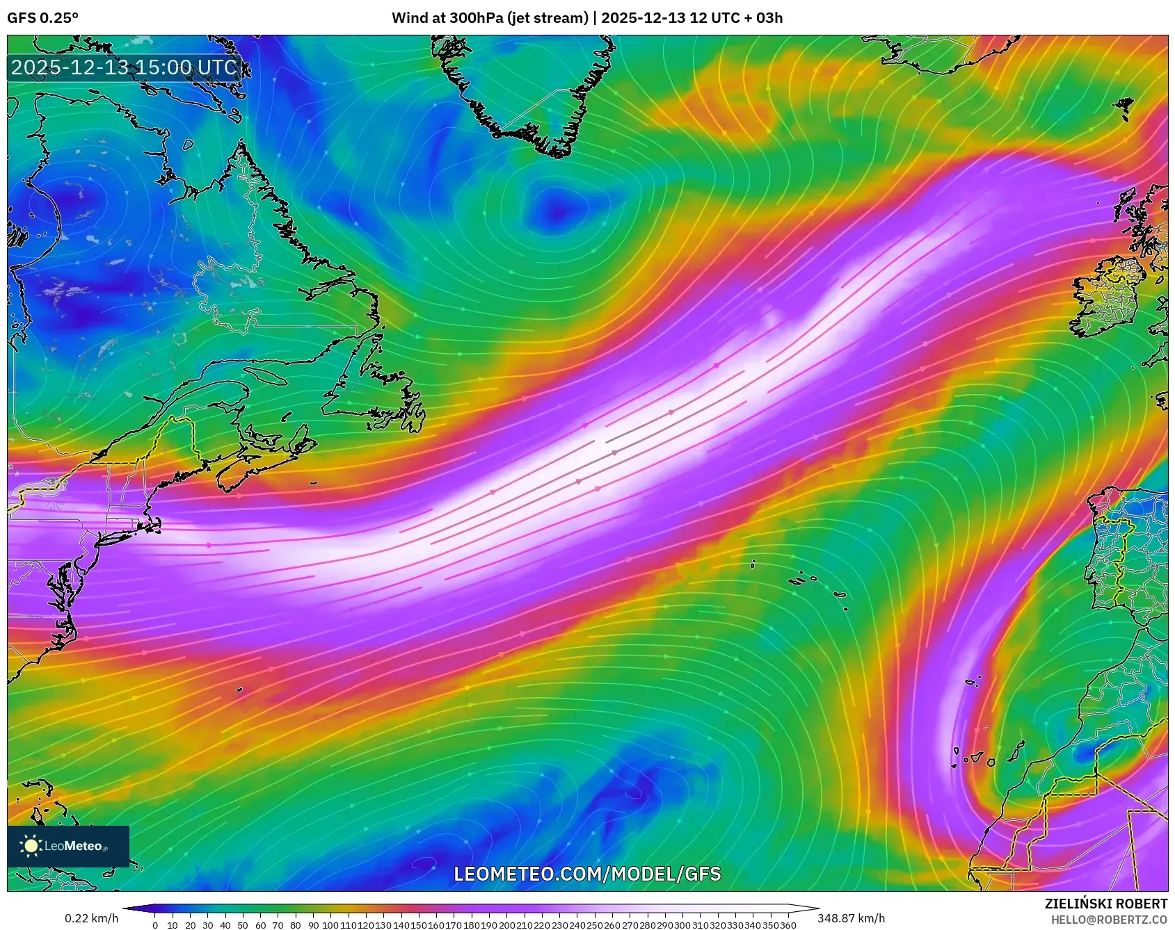 GFS model - Atlantik Utara, Angin 300 hPa (aliran jet)