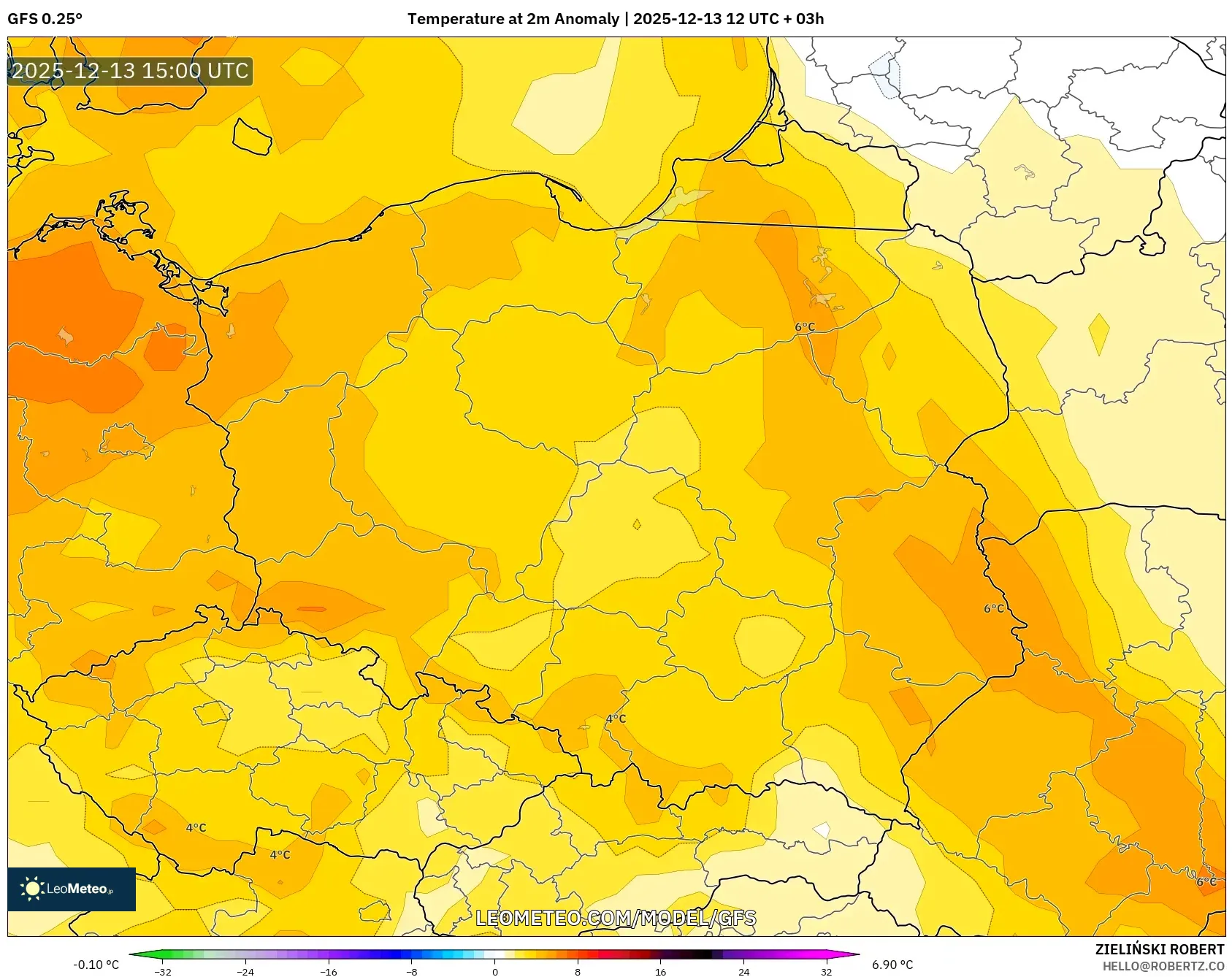 GFS model - Polandia, Anomali Suhu 2 m
