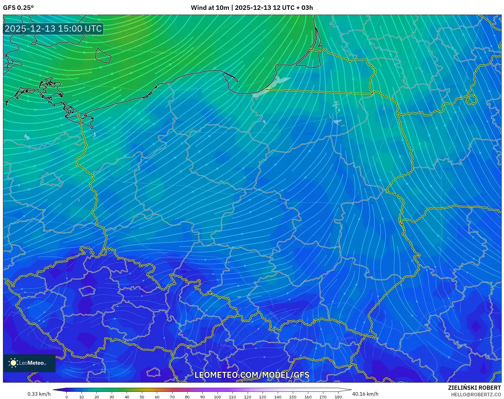 GFS model - Polandia, Angin 10 m