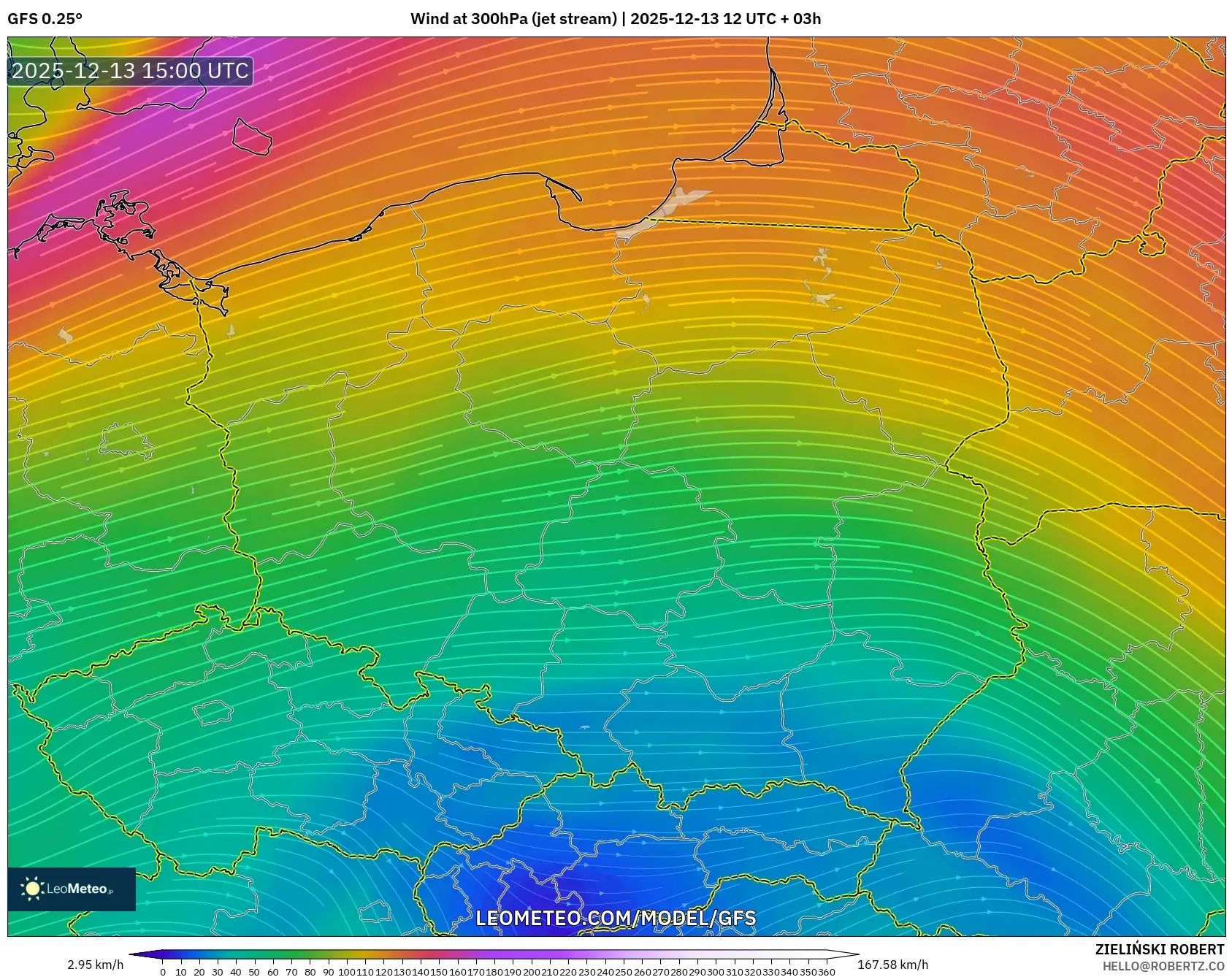 GFS model - Polandia, Angin 300 hPa (aliran jet)