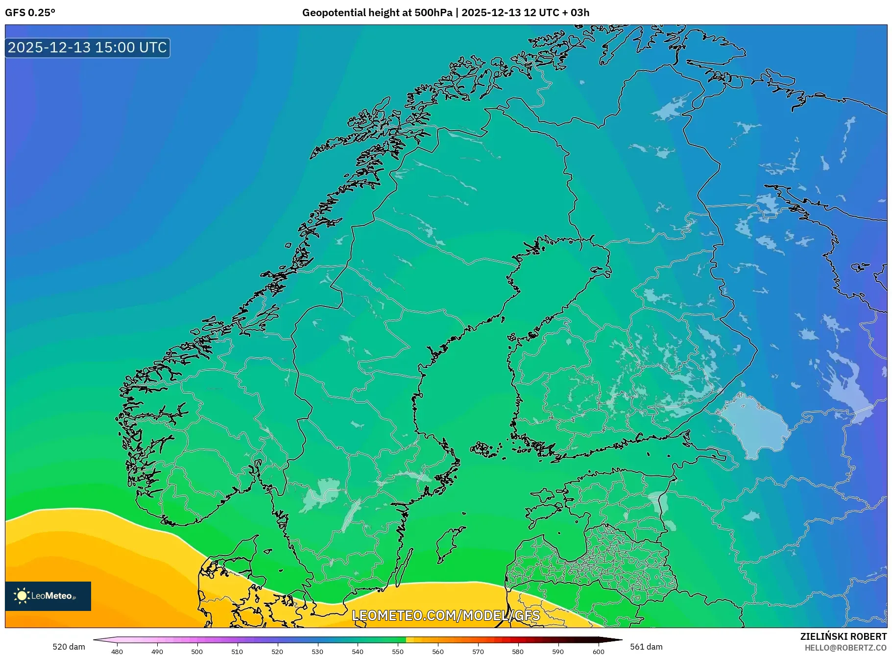 GFS model - Skandinavia, Ketinggian geopotensial pada 500 hPa
