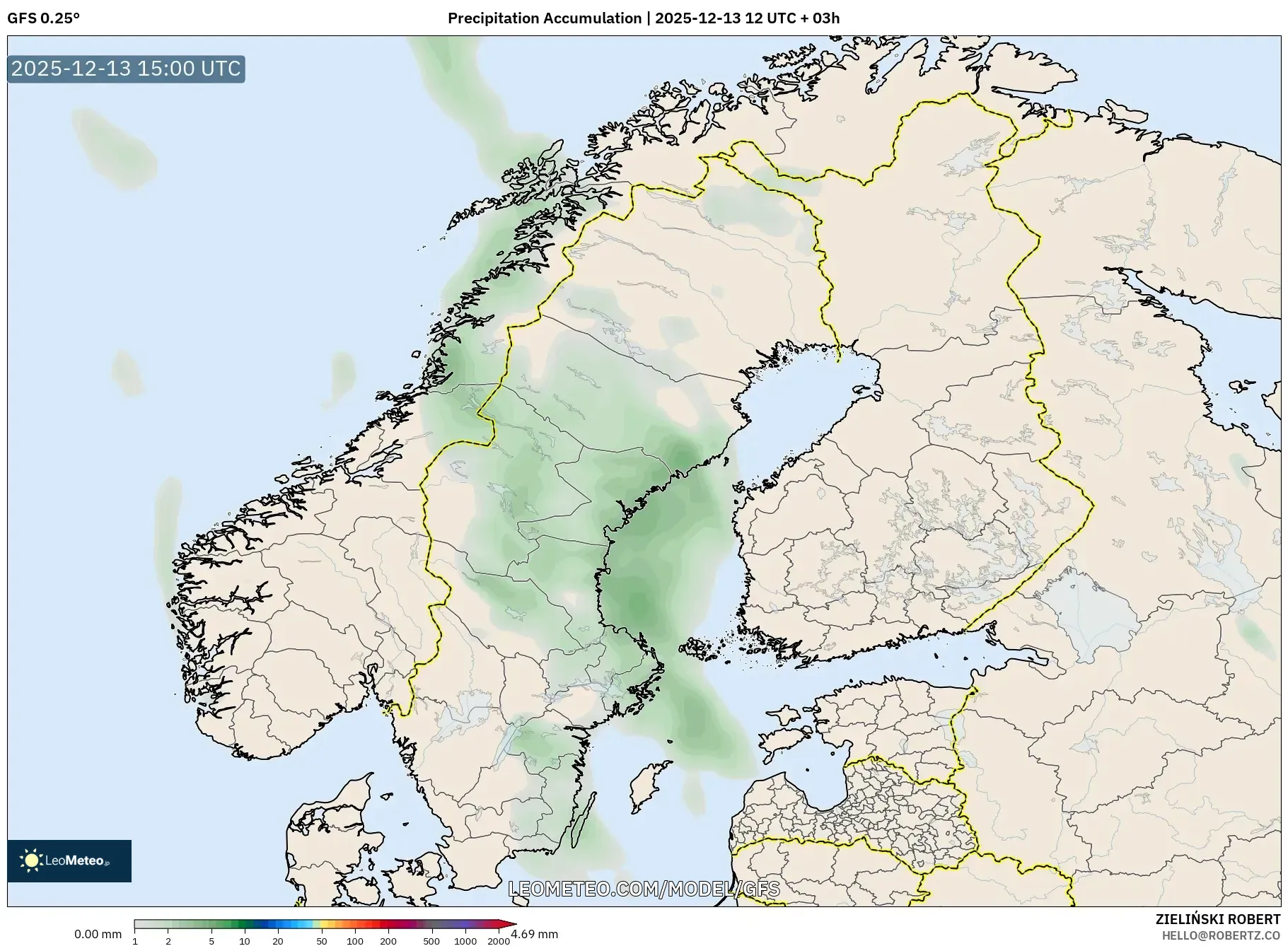 GFS model - Skandinavia, Akumulasi Curah Hujan