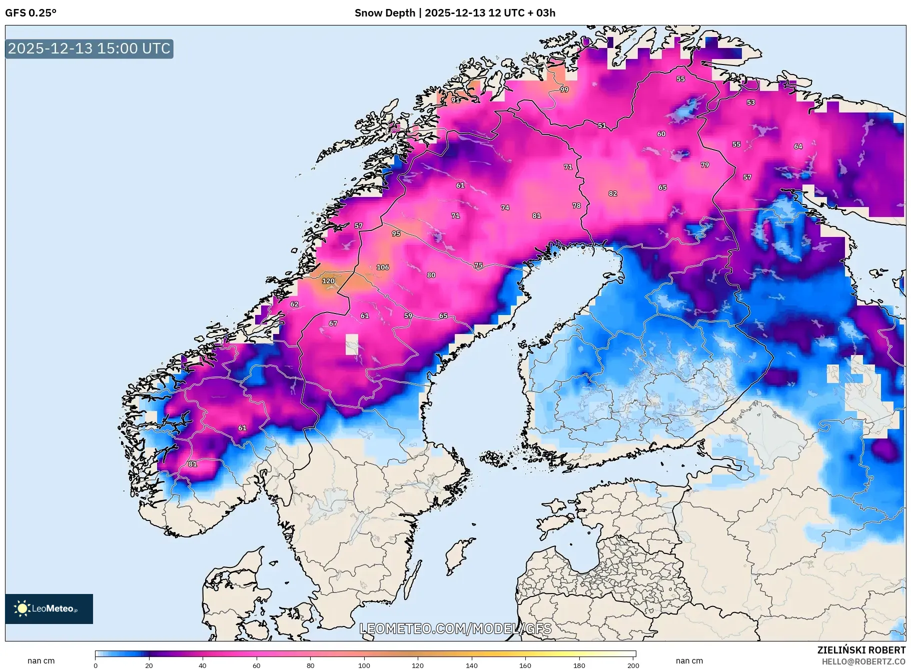 GFS model - Skandinavia, Kedalaman Salju