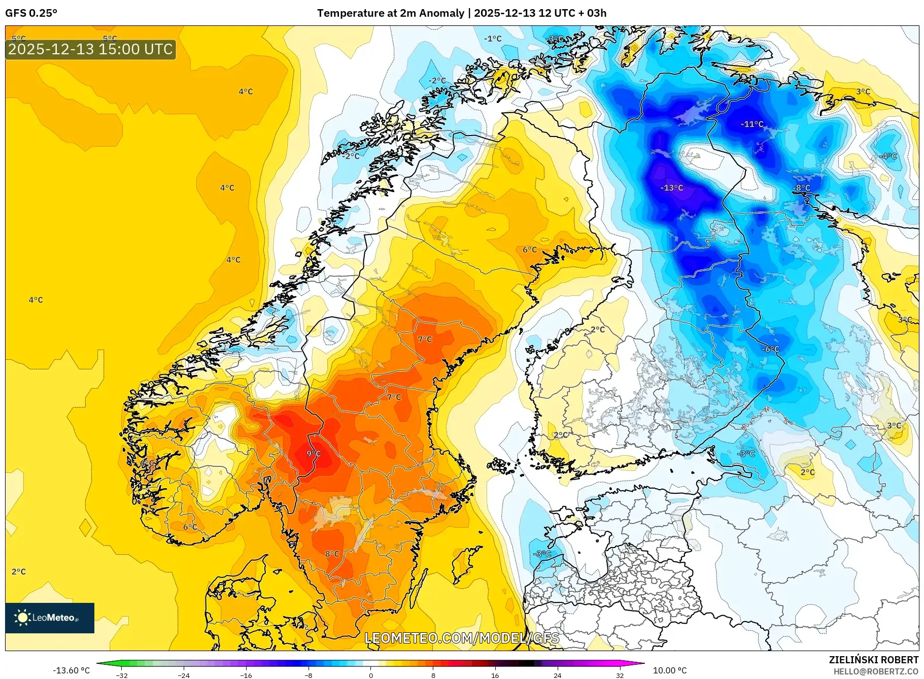 GFS model - Skandinavia, Anomali Suhu 2 m