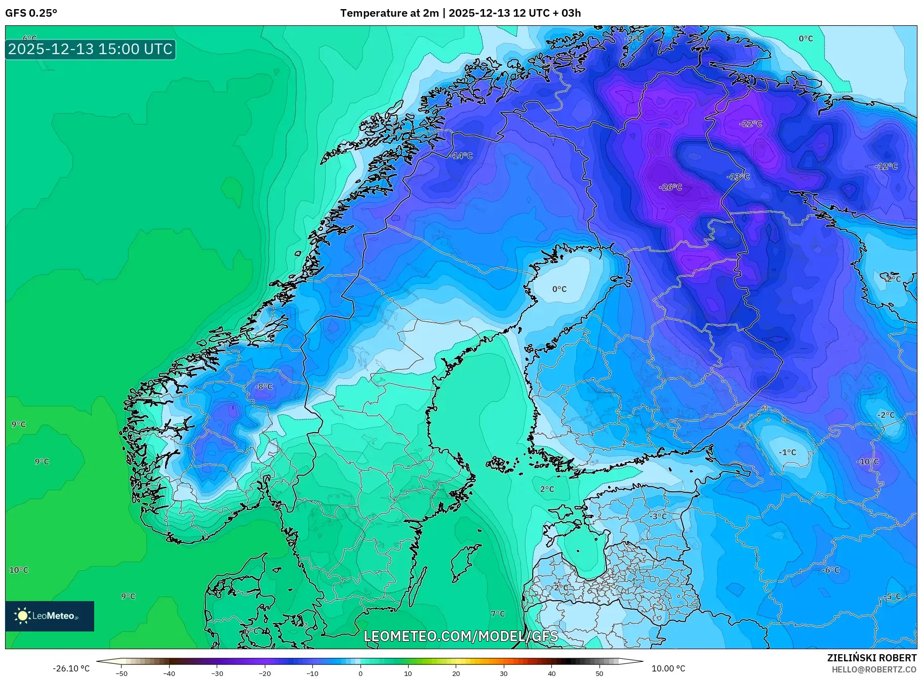 GFS model - Skandinavia, Suhu 2 m