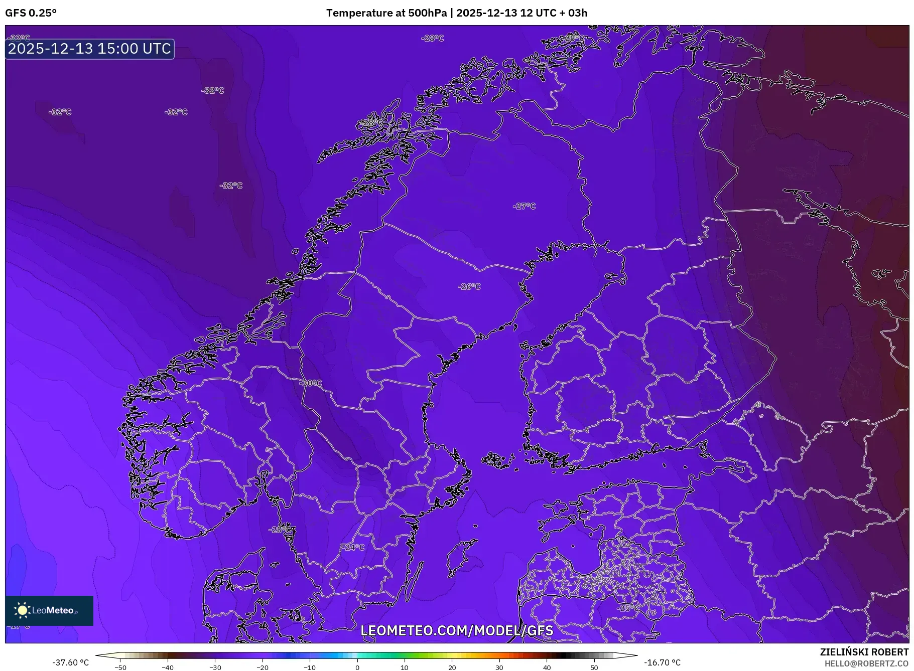 GFS model - Skandinavia, Suhu 500 hPa