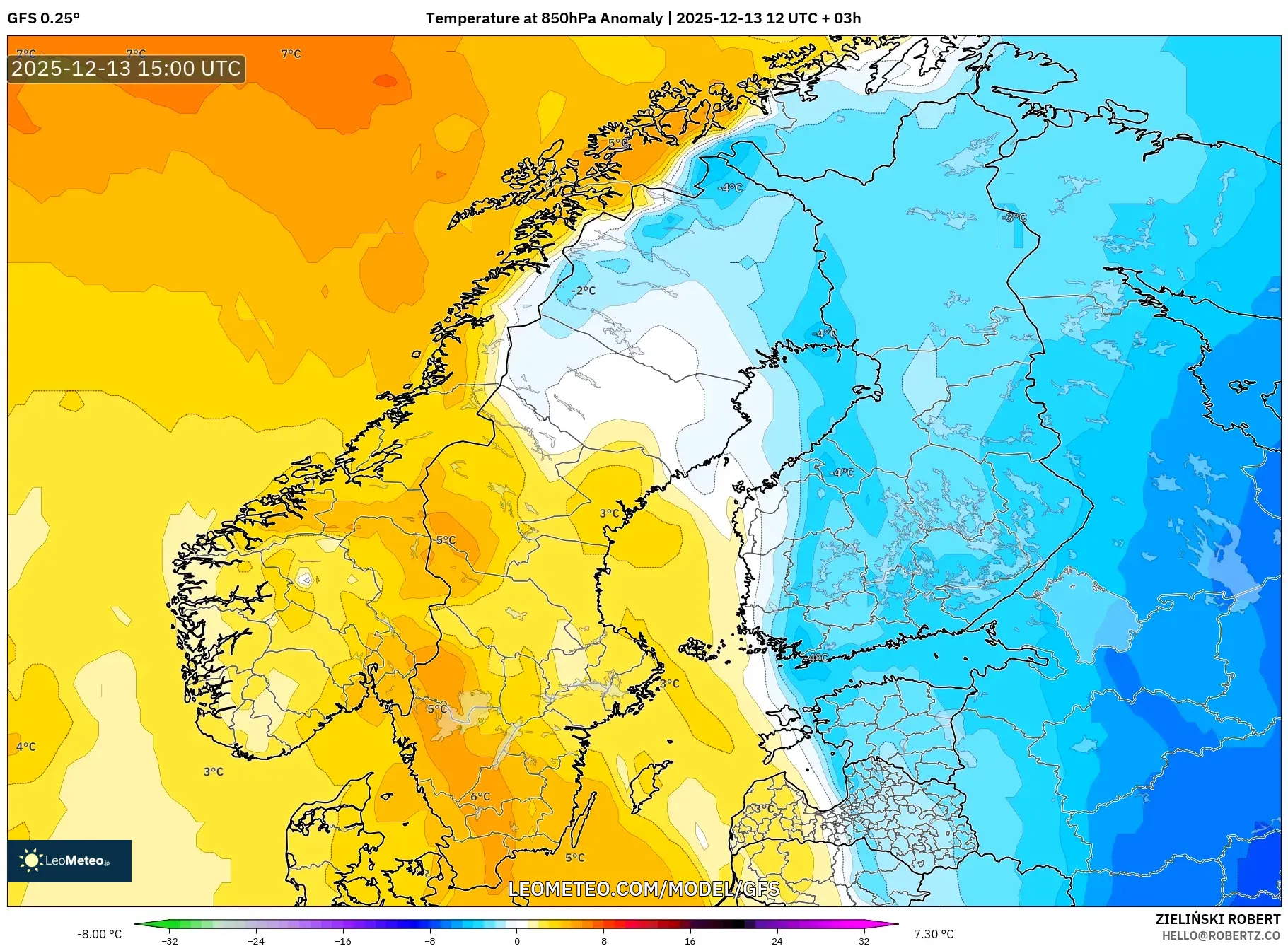 GFS model - Skandinavia, Anomali Suhu 850 hPa